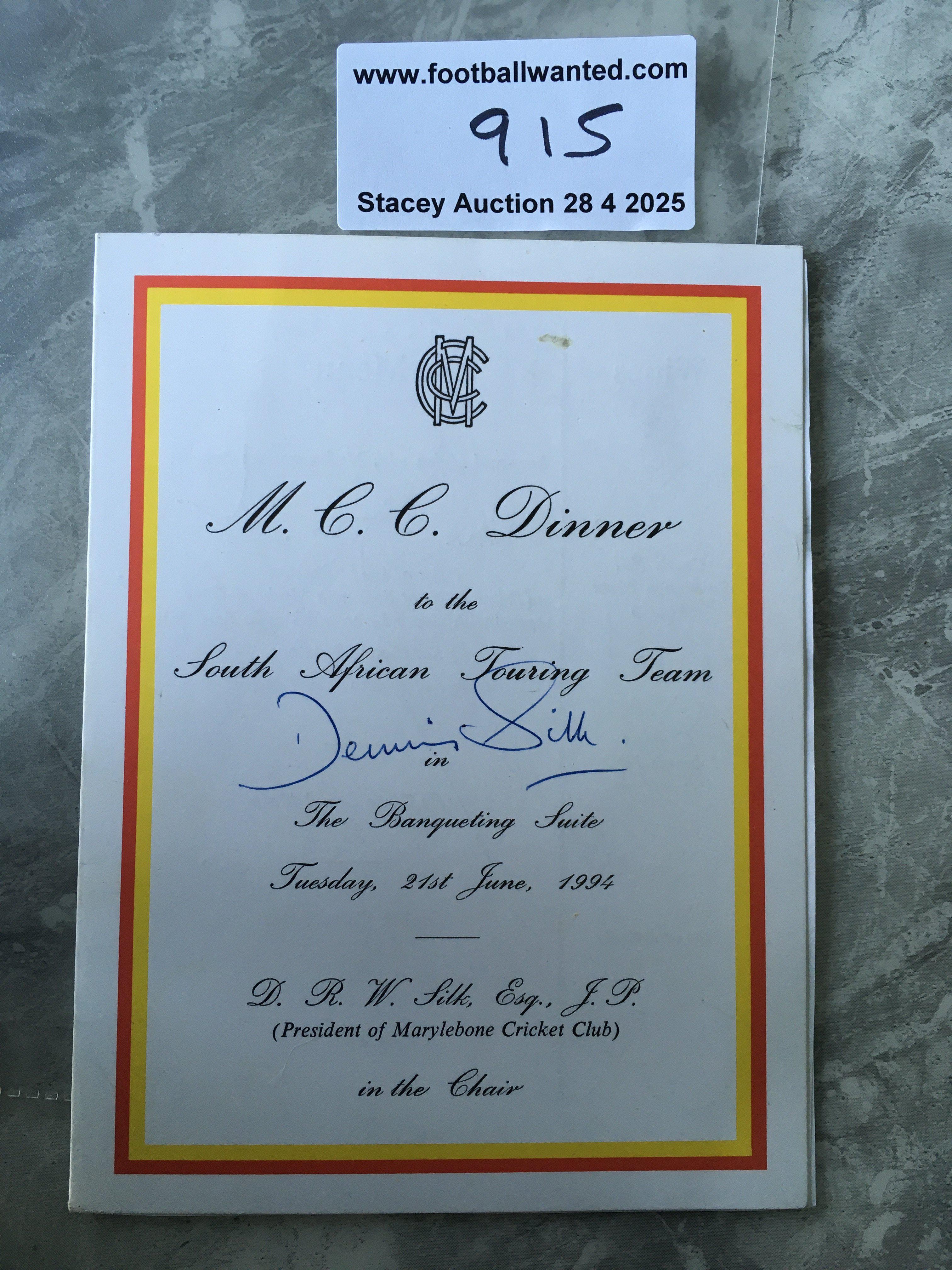 1994 South Africa Signed Cricket Menu: MCC dinner menu signed at the 1st Test at Lords on 23 7 1994. Numerous signatures to 4 page menu that comes with a signature map.
