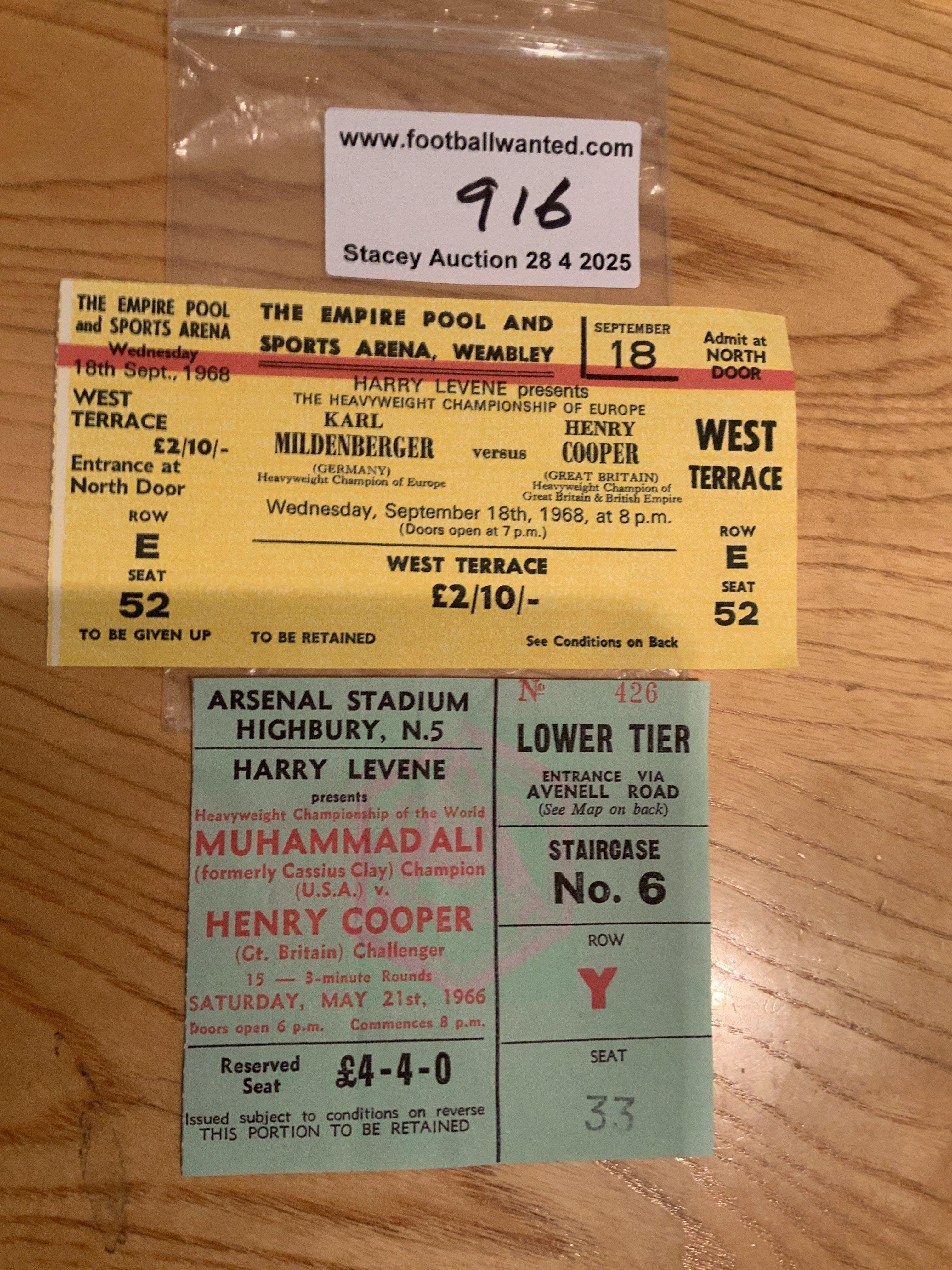 1966 Henry Cooper v Muhammad Ali Boxing Ticket: Fought at Highbury Arsenal on 21 5 1966. C/W Coopers ticket for fight v Mildenberger. Excellent. (2)