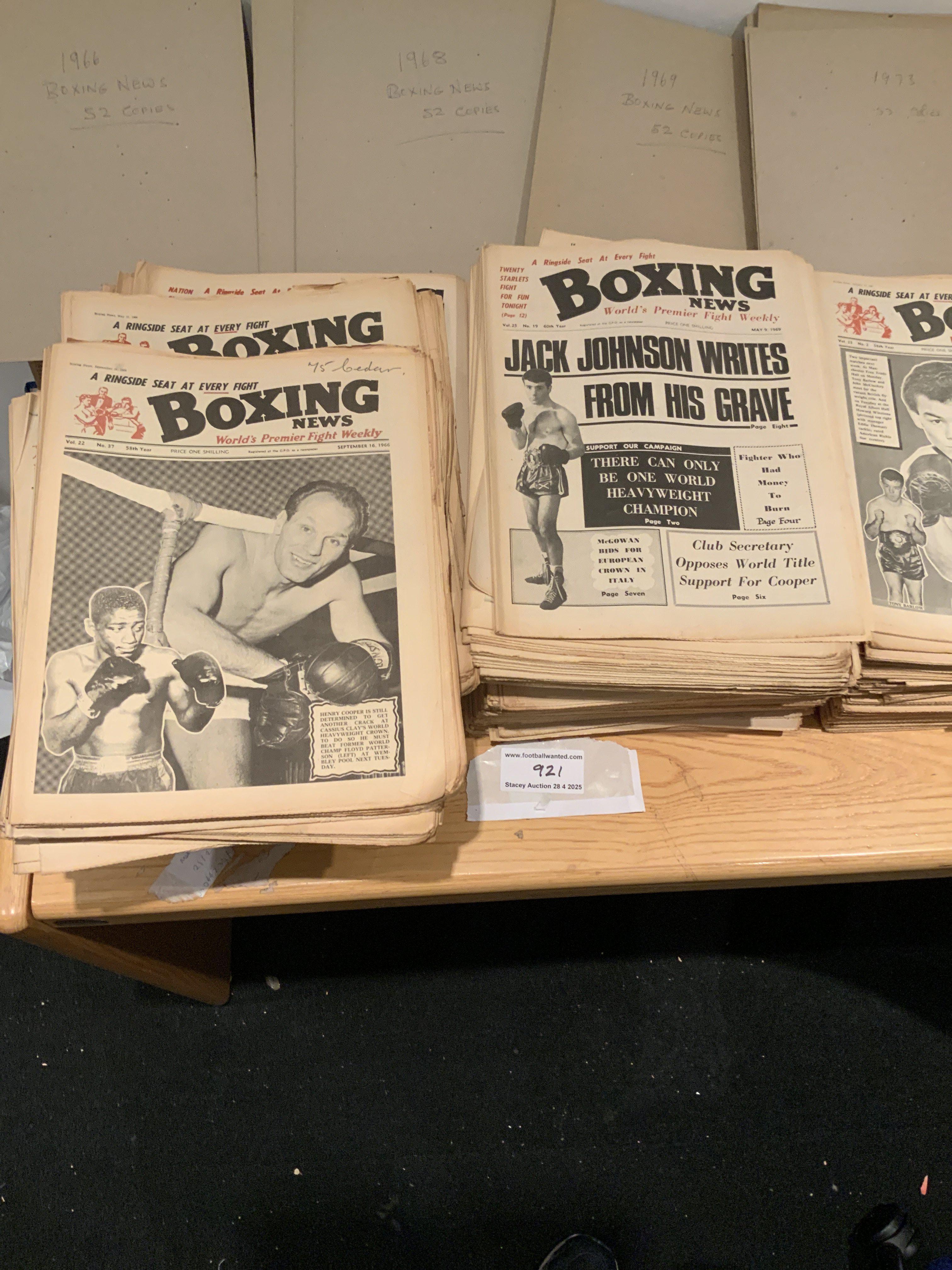 Collection of Boxing News Newspapers. Large quantity from 1966 to 1973 with 52 editions from each year. Great time for boxing to include features Ali Frazier and Cooper. (416)