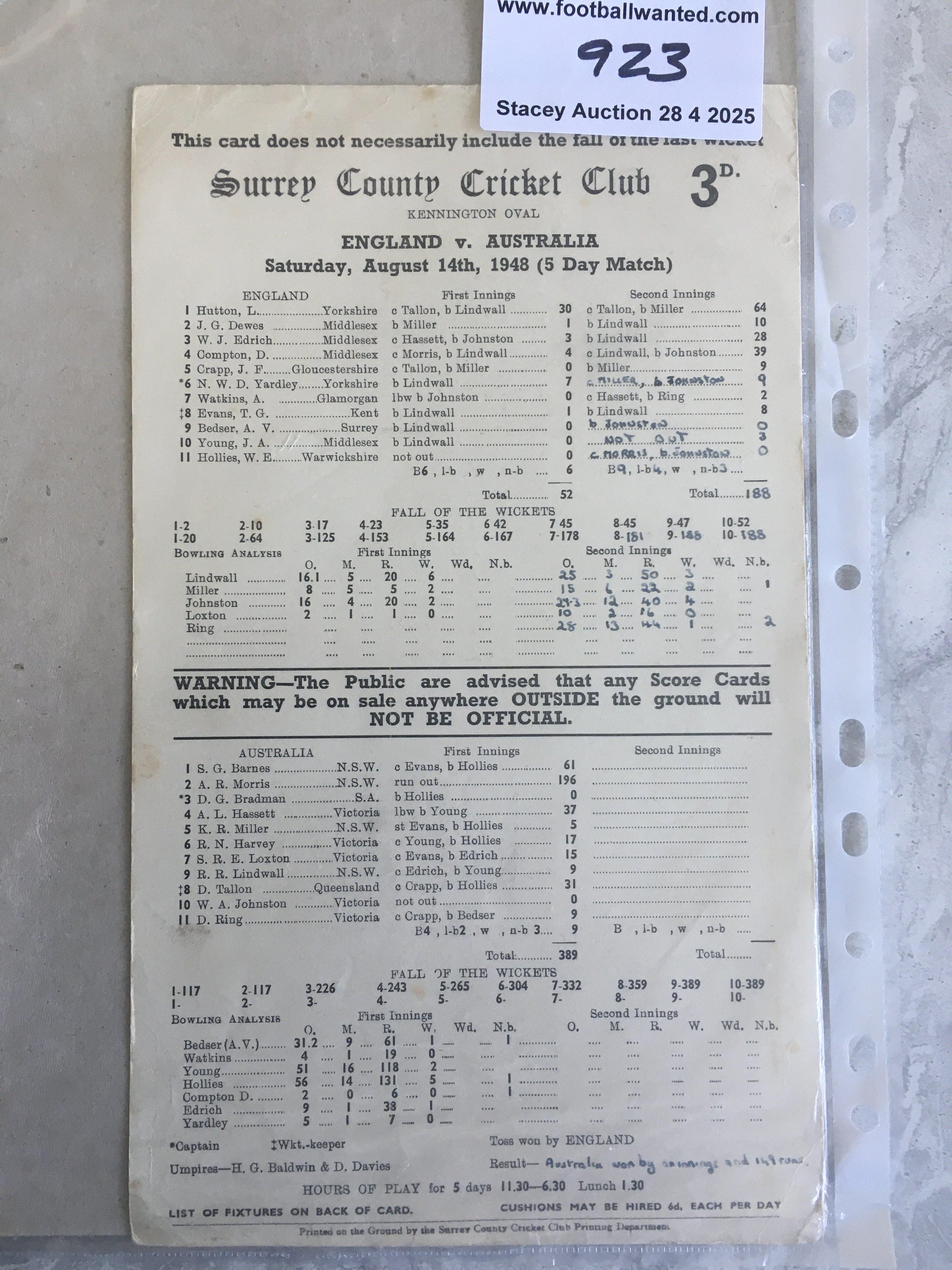 Don Bradmans Australia Last Cricket Match Scorecard: Famous match in which Bradman needed to score 1 run to finish his International career with over 100 as an average. He was bowled for a duck which left his statistics at 99.94. Match v England at The Oval. Piece of history.