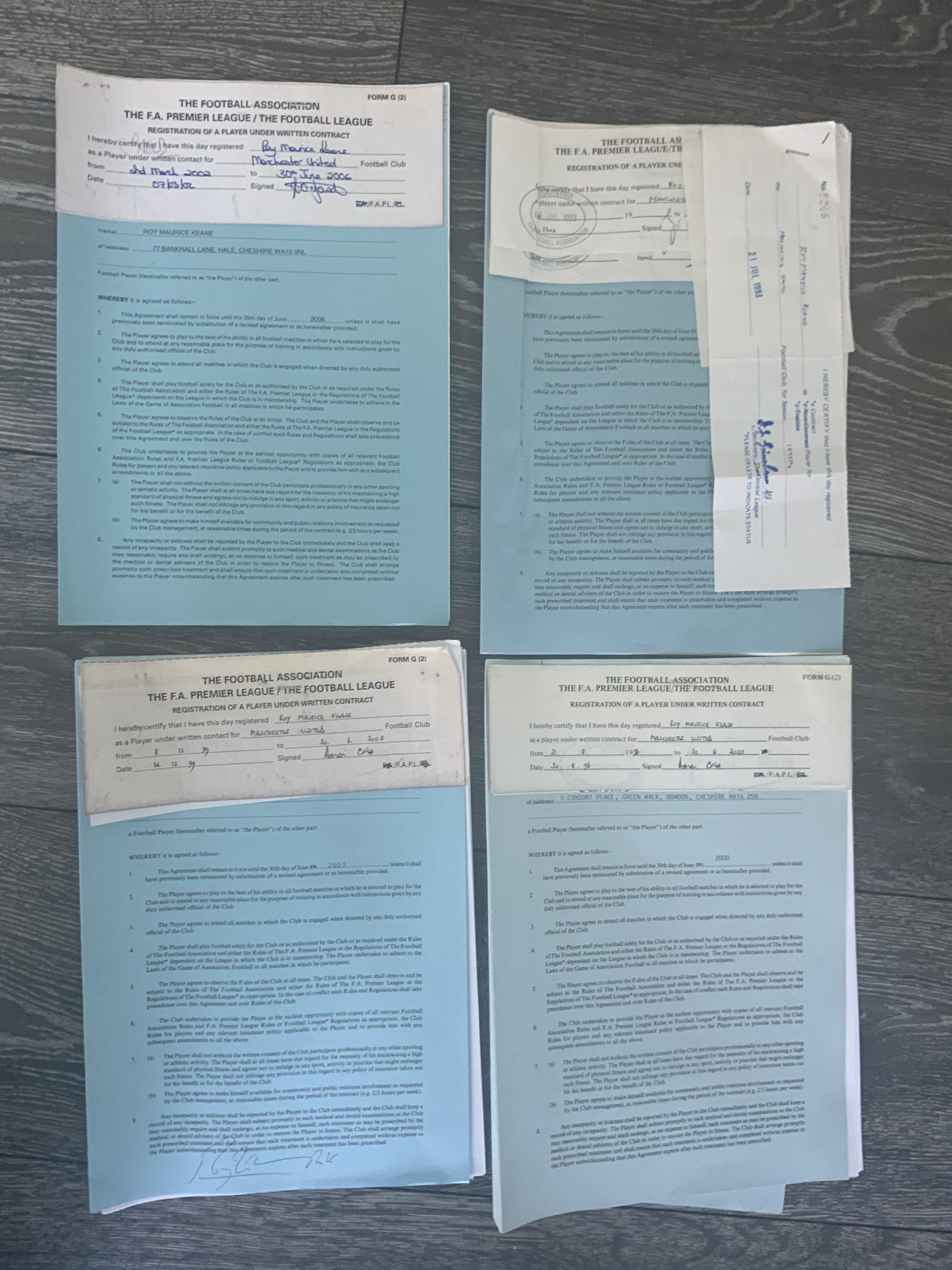 Roy Keane Manchester United Football Contracts: Four original contracts for periods 1993 to 1997, 1996 to 2000, 1999 to 2003 and 2000 to 2006. They overlap due to signing a contract a new contract early. Each one is signed by Roy Keane. Detailed contracts and letters from Manchester United stating bonuses, property, family flights etc. Registration slips included for the Premier League and a transfer slip for Central League from Notts Forest to Manchester United. His first contract in 1993 is signed by manager Alex Ferguson and Keane with a wage of 250,000 pounds per week. A lot of documents.