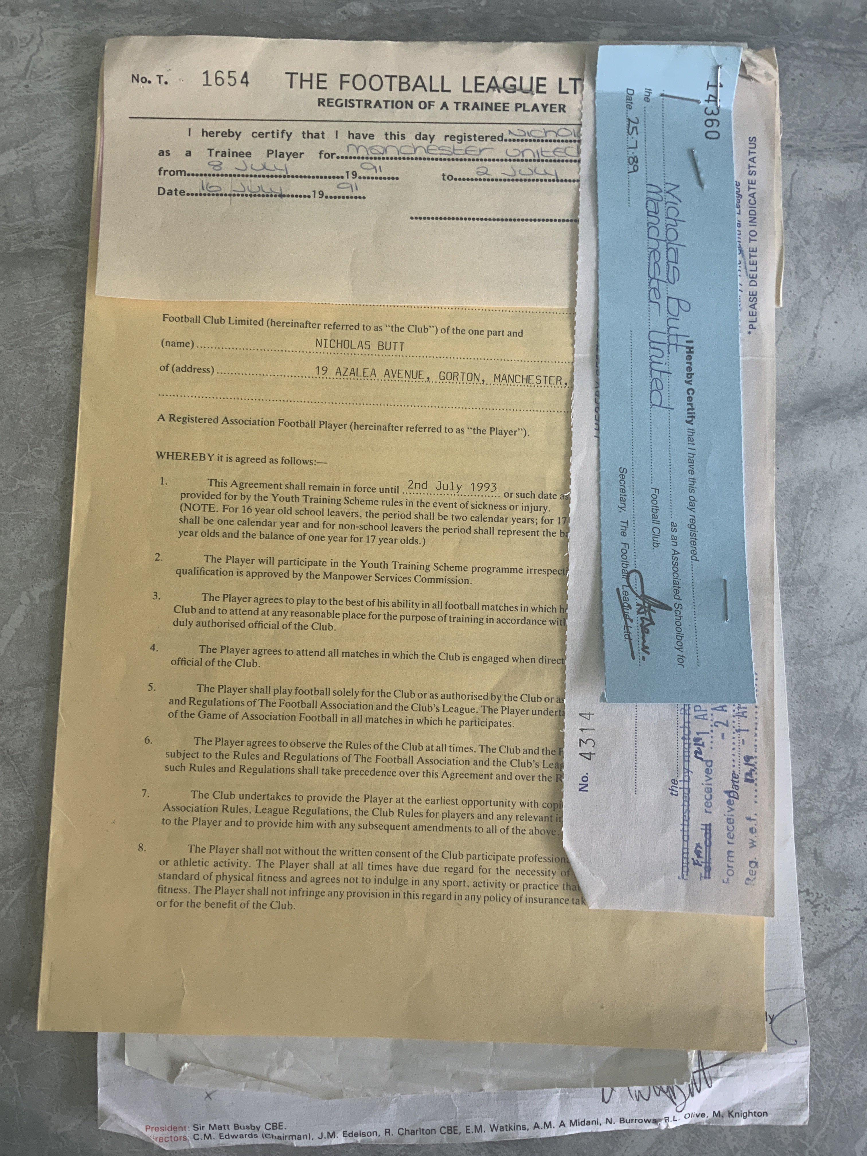 Nicky Butt Manchester United Football Contracts: Original documents from July 1991 until July 1993. Small registration slips for 1989 1991 and 1992 and a letter from Manchester United stating his additional payments for playing in the Lancs Cup and Youth Cup. Believed to be his first contract and signed by his parent.
