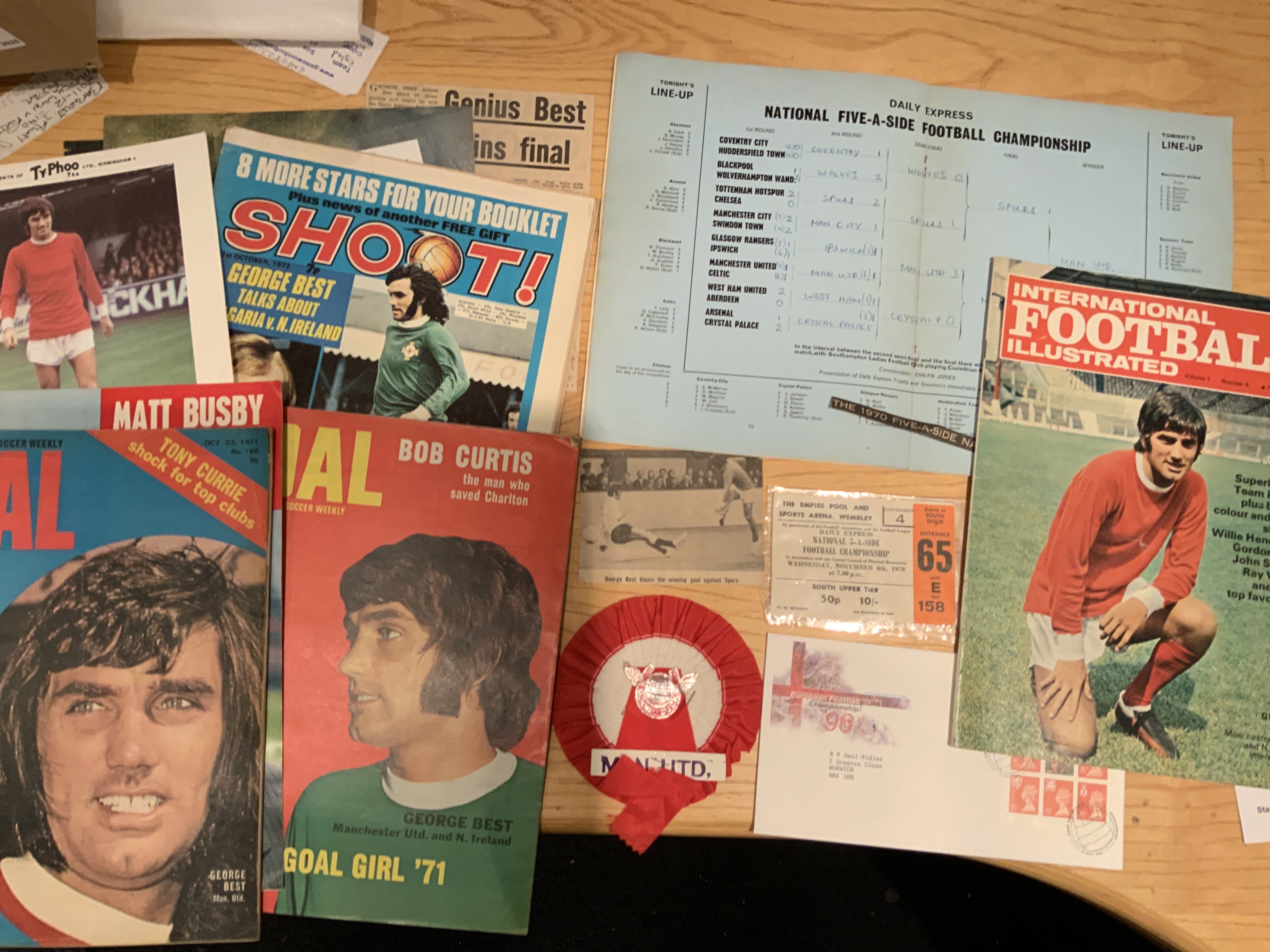 George Best Manchester United Football Memorabilia: Ticket and programme to the 1970 Daily Express 5 A Sides in which Man Utd were victorious, Typhoo card and magazines featuring Best to cover. Instructions to sell.
