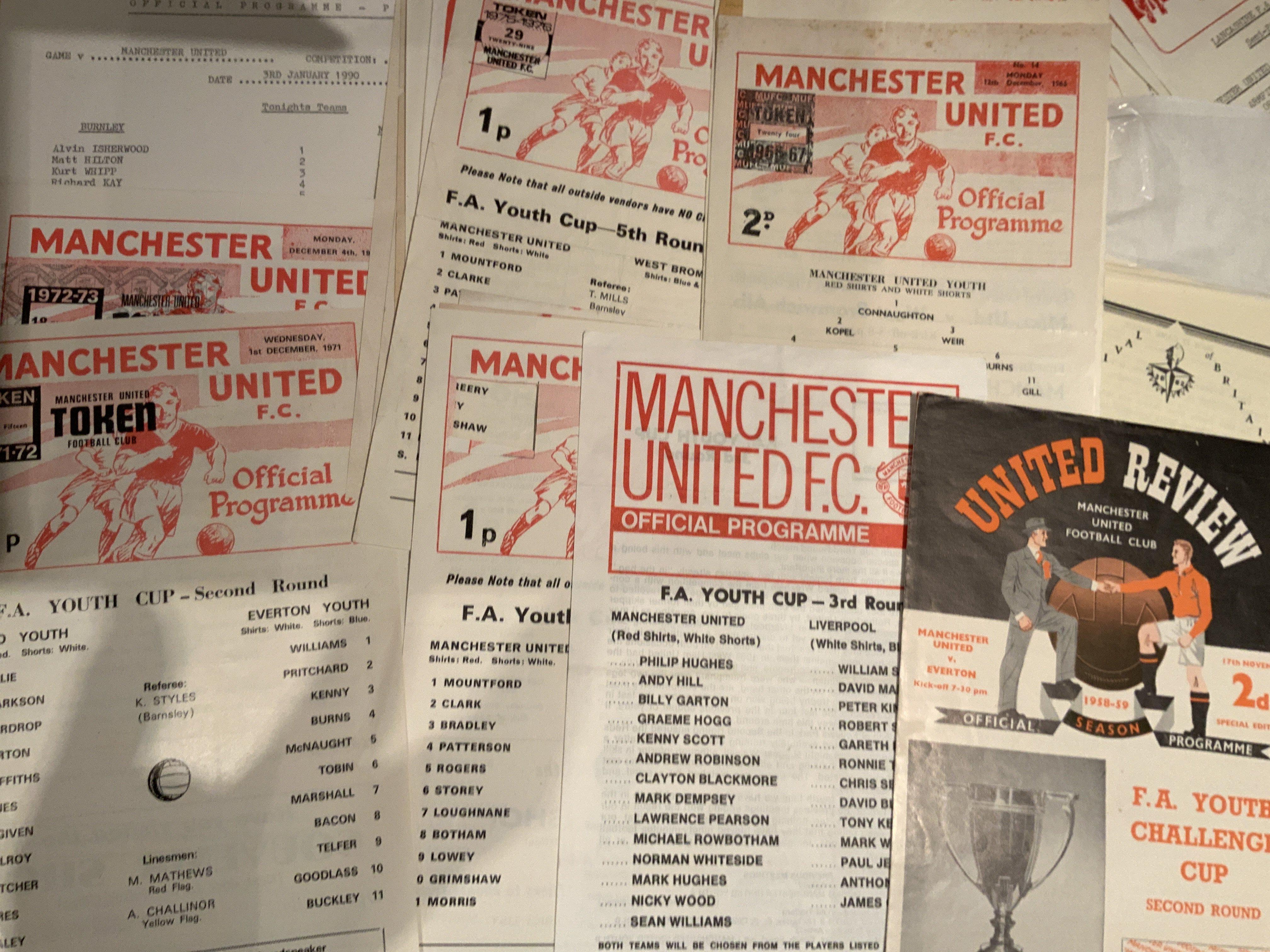Manchester United Youth Football Programmes: Includes Lancs Cup and Youth Cup from the 70s. 1981 Youth Cup final at Man City. Some have tokens missing. (30+)