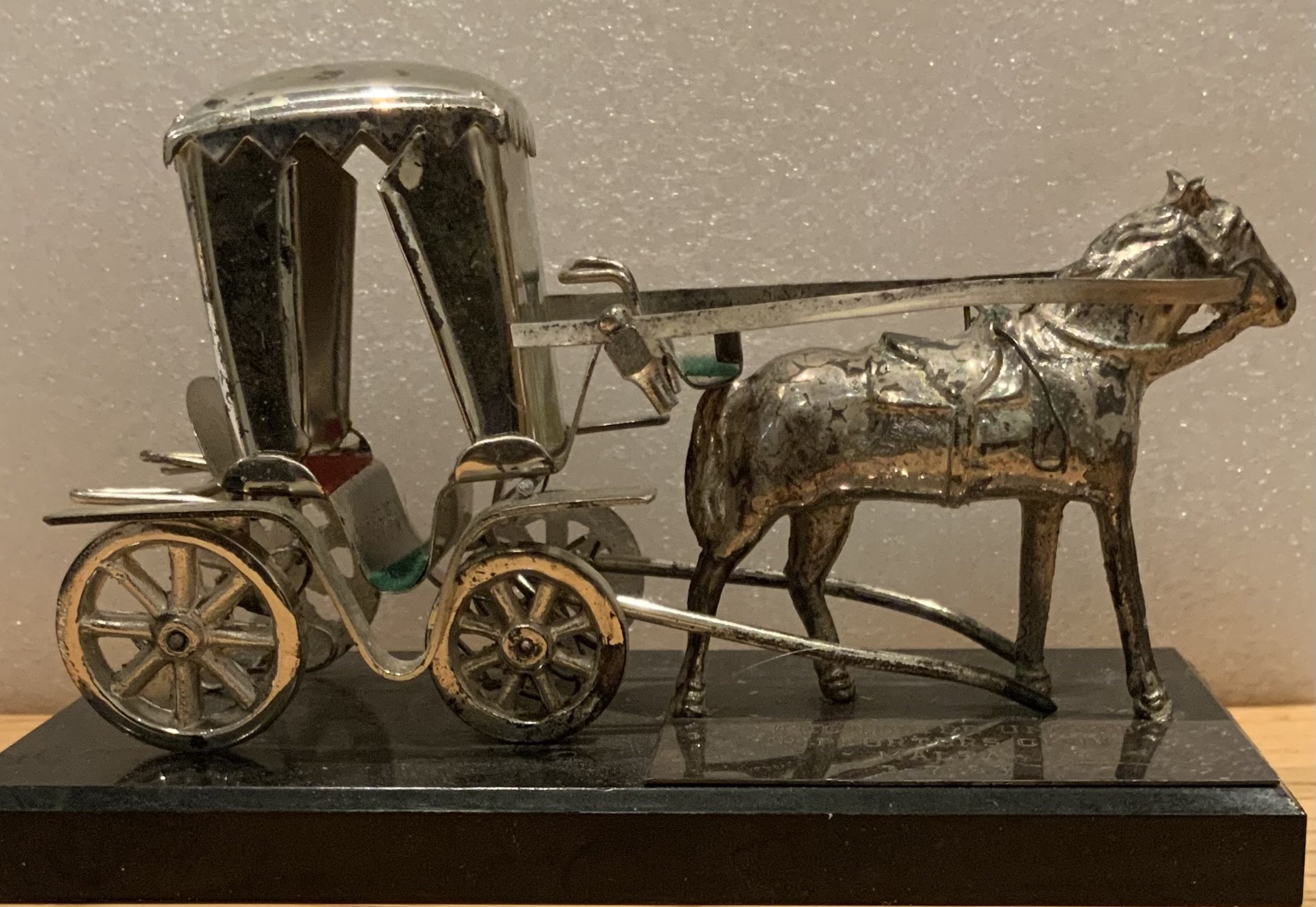 Manchester United 1993 Engraved Horse + Carriage: Produced by Malta Supporters Club and engraved 3 July 1993. Spot welds to carriage axels have failed but could be repaired. Awarded to a Manchester United player.