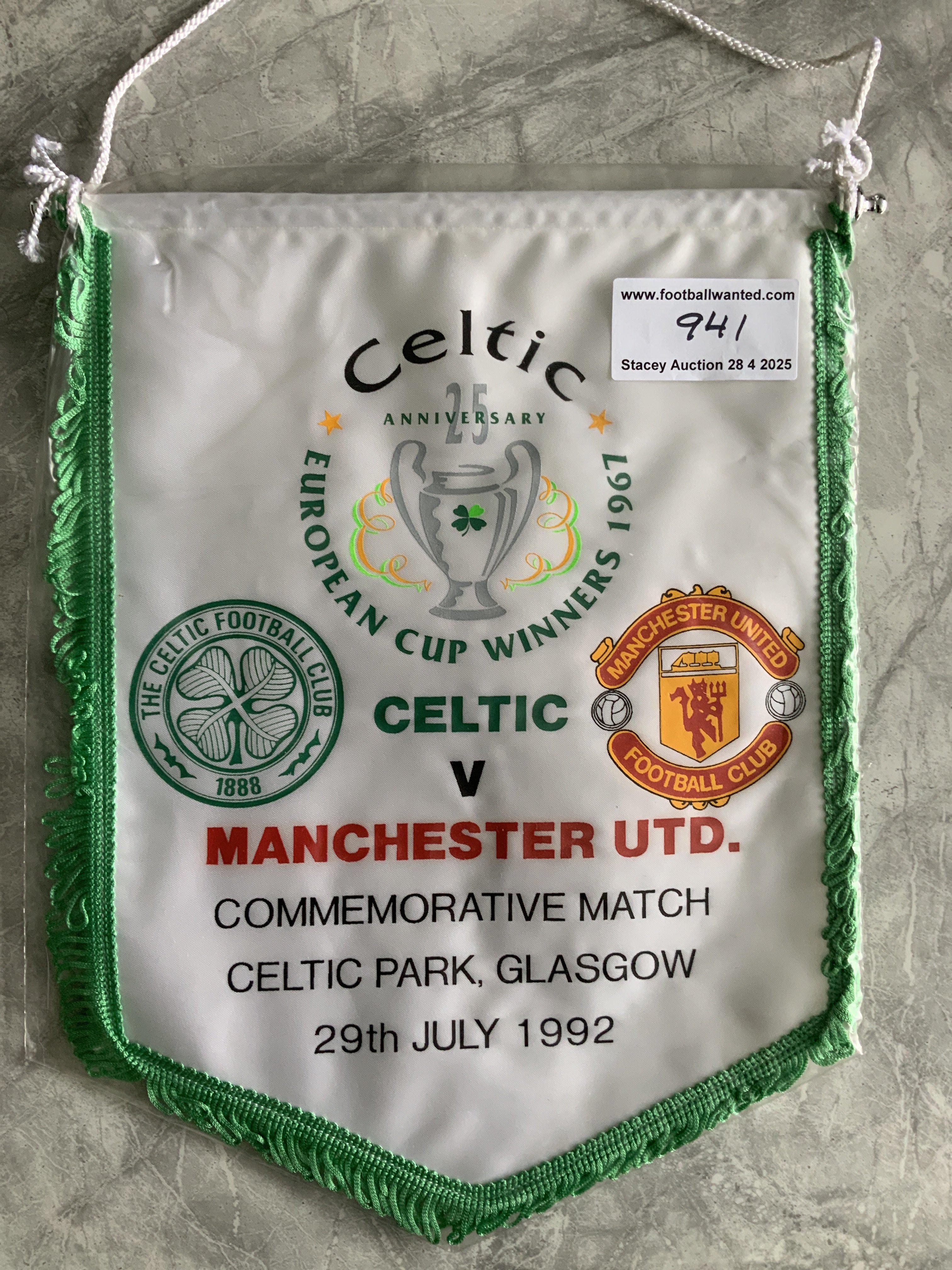 1992 Celtic v Manchester United Football Pennant: Commemorative match pennant to celebrate 25 years since Celtic won the European Cup. Quality decorative pennant was a Manchester United players gift.