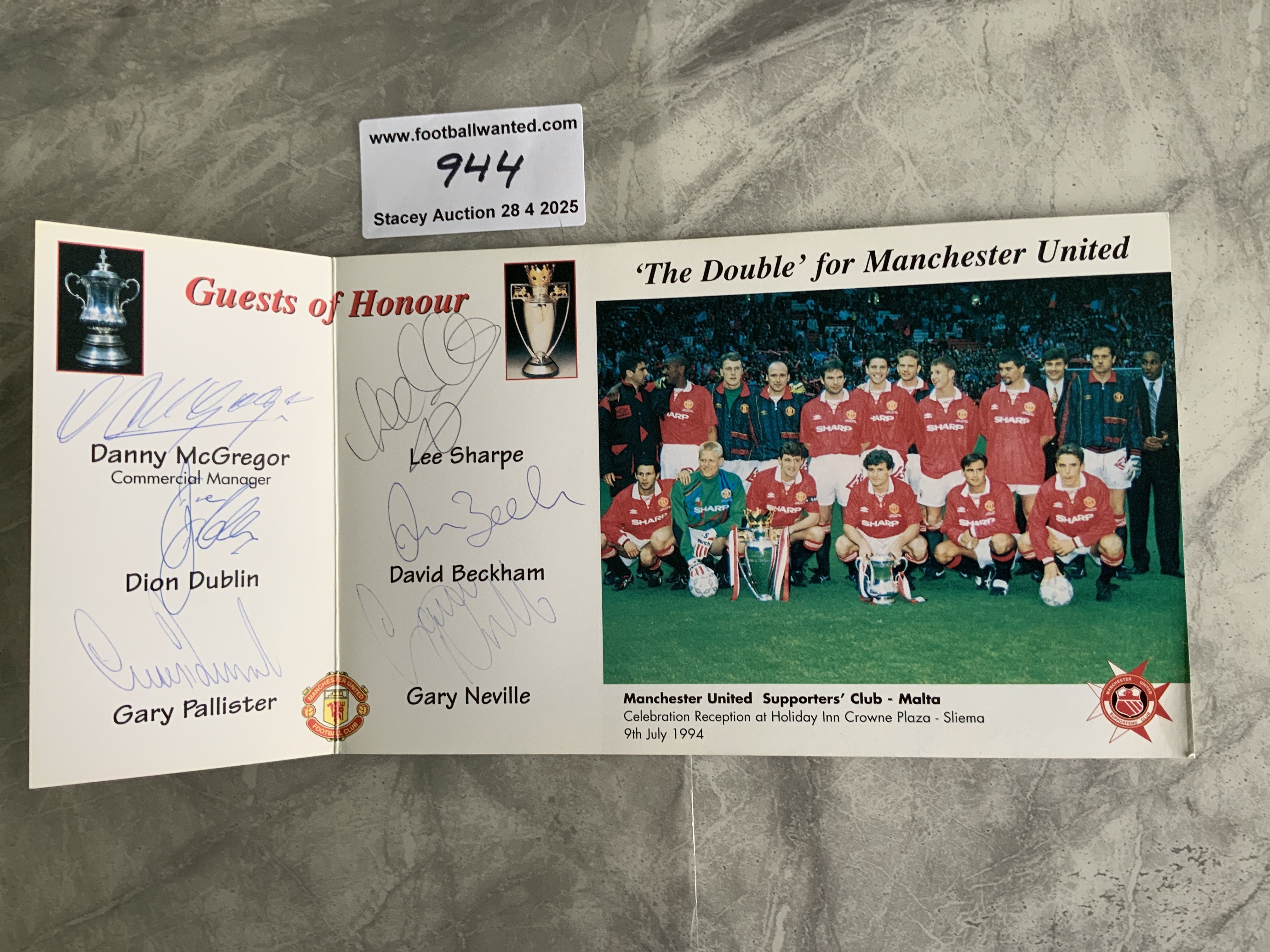1994 Manchester United Double Team Signed Rare Card: Nice card featuring the double winners for an event by the Maltese Supporters Club in Silema on 9 7 1994. The 6 guests of honour have all signed next to their name. They include Beckham Sharpe Dublin Pallister and G Neville along with the commercial manager.