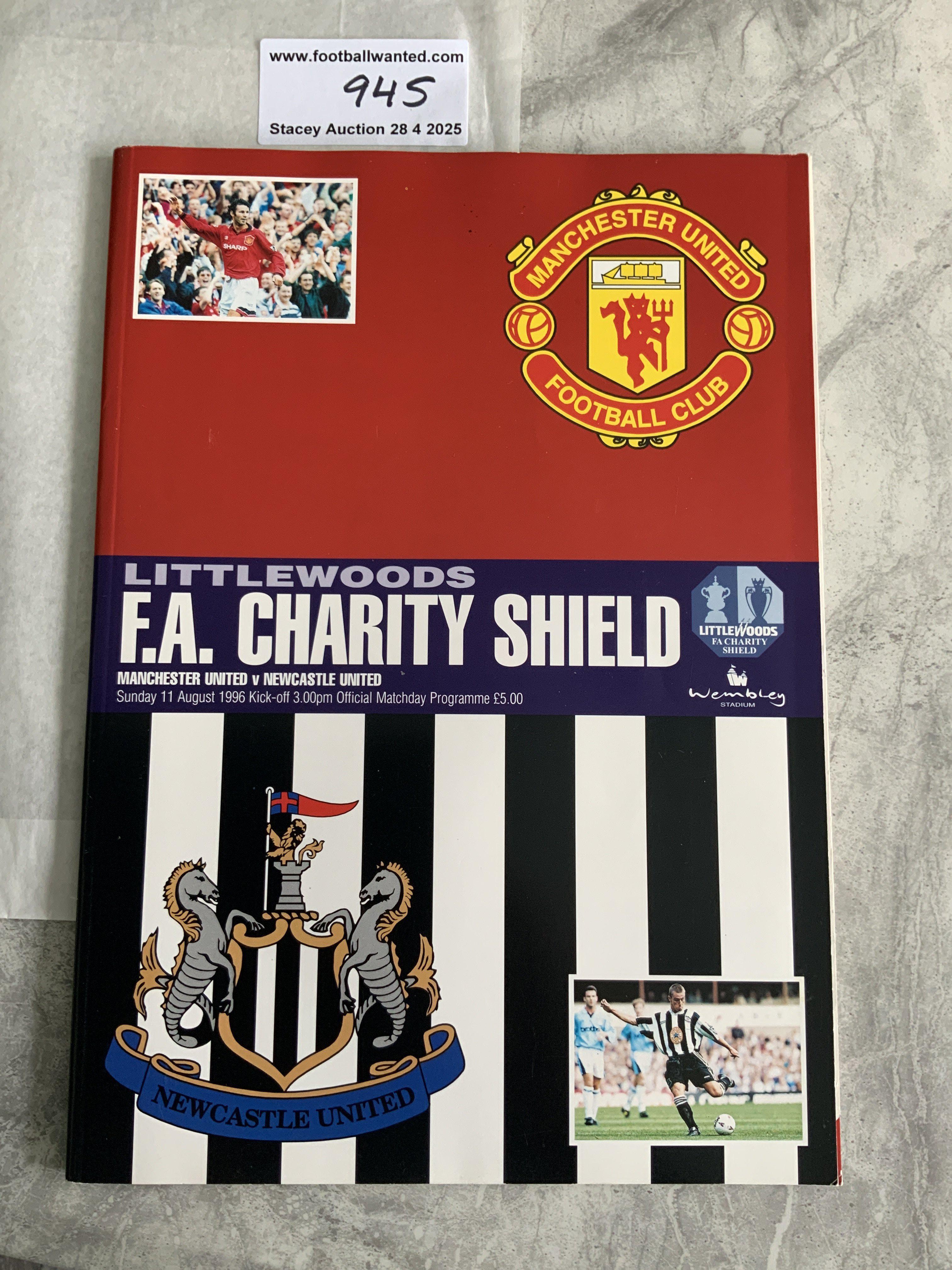 1996 Manchester United Signed Charity Shield Football Programme: Signed by 14 of the Man Utd team. Genuine autographs signed on matchday v Newcastle on team page including Beckham and Keane. C/W Newcastles team sheet for the match that was for the Manchester United changing room. (2)