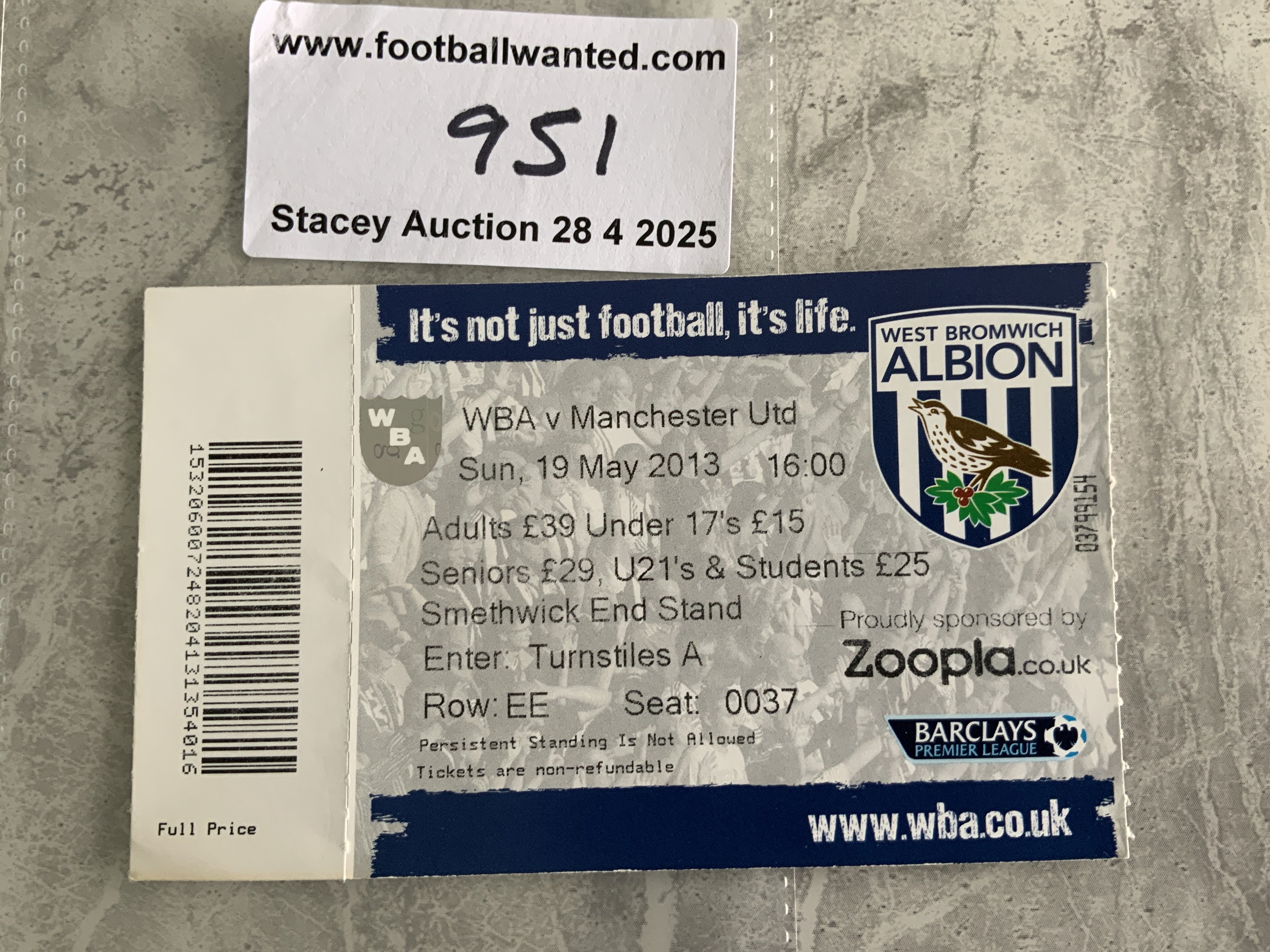 2012 - 2013 West Brom v Manchester United Football Ticket: Alex Fergusons last away match as manager of Manchester United. Excellent.
