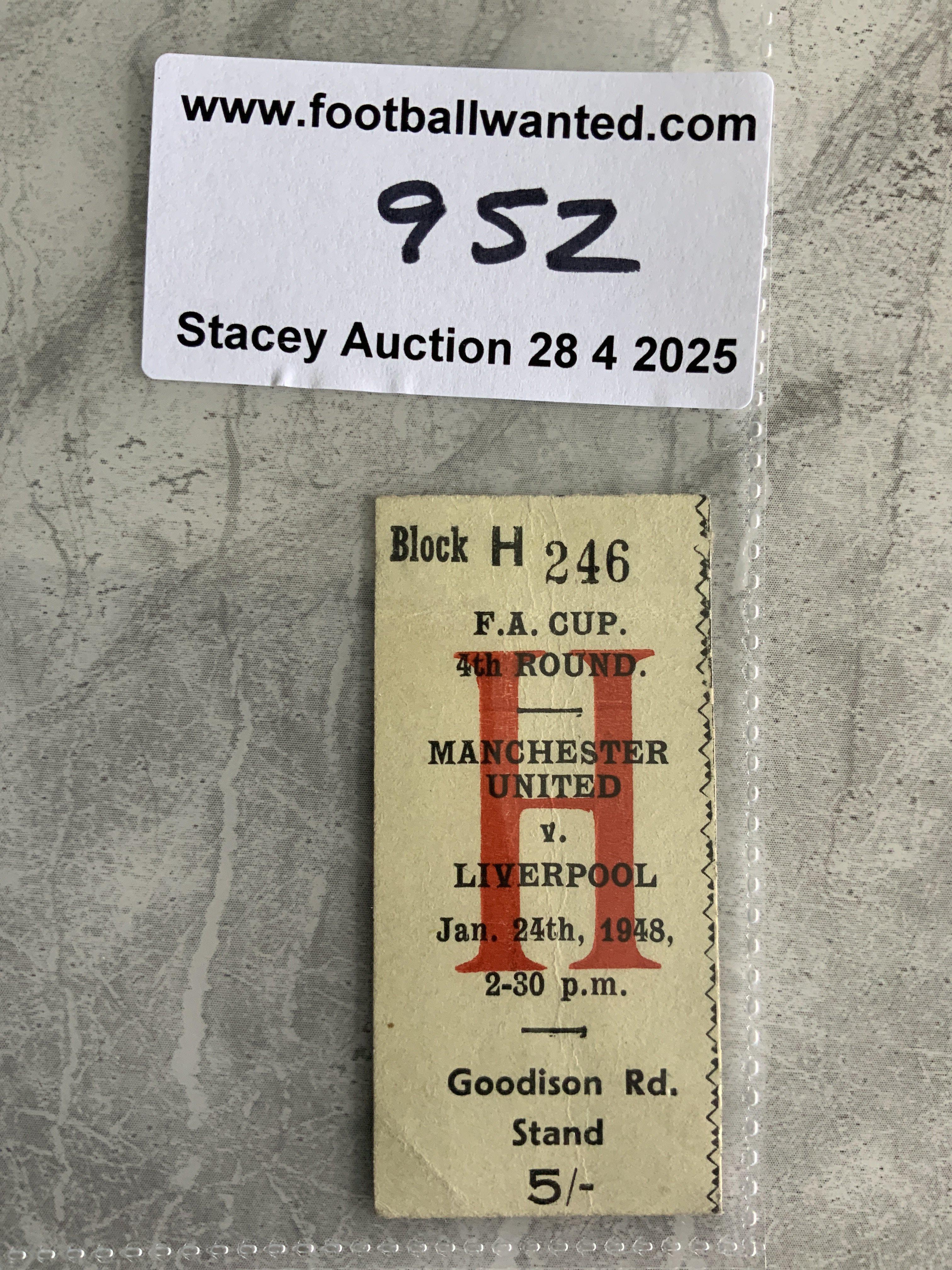 47/48 Liverpool v Manchester United FA Cup Football Ticket: Played at Everton on 24 1 1948 in the season Man Utd went on to win the FA Cup. Excellent.