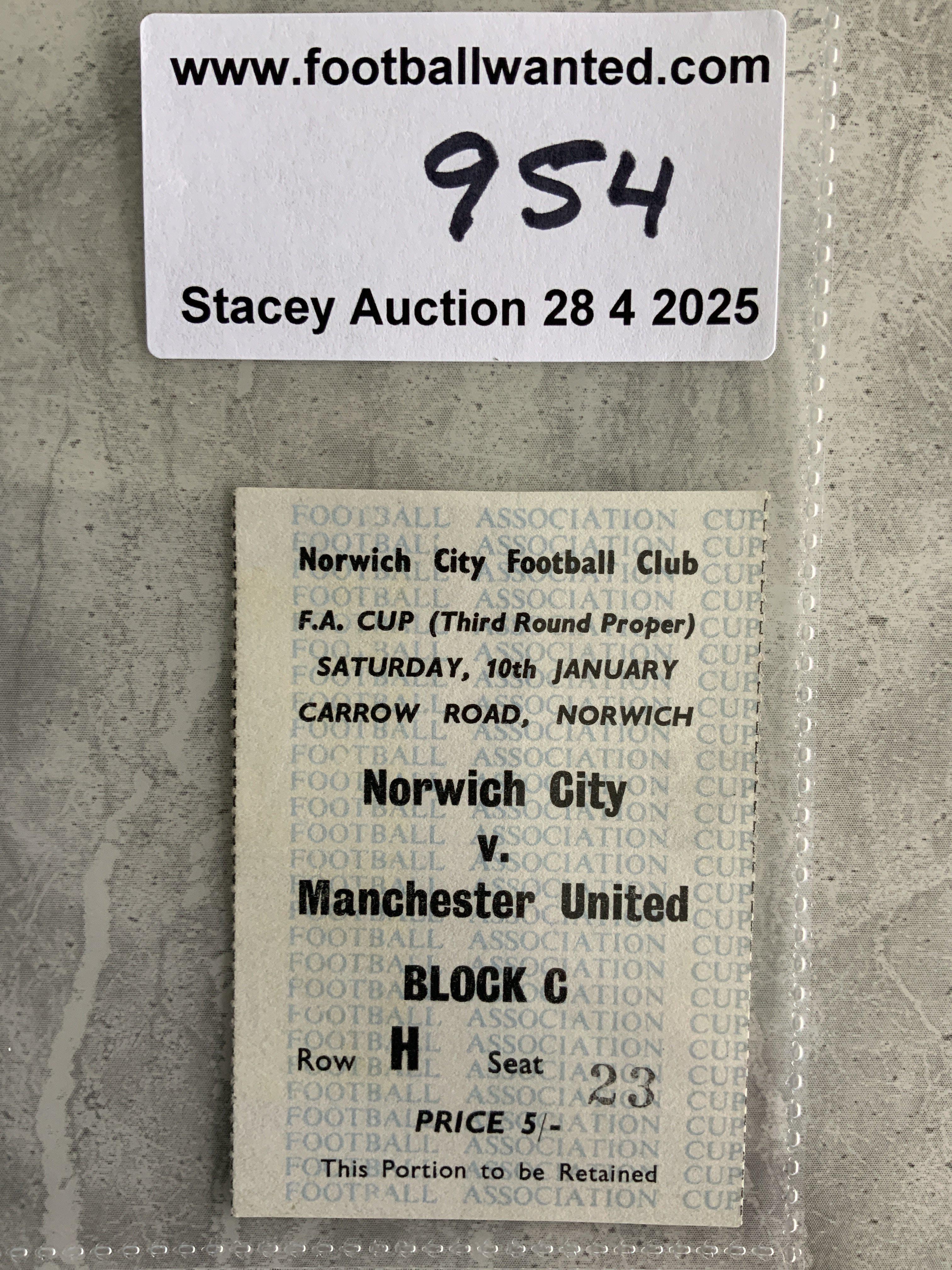 58/59 Norwich City v Manchester United FA Cup Football Ticket: Played on 10 1 1959 and in excellent condition.