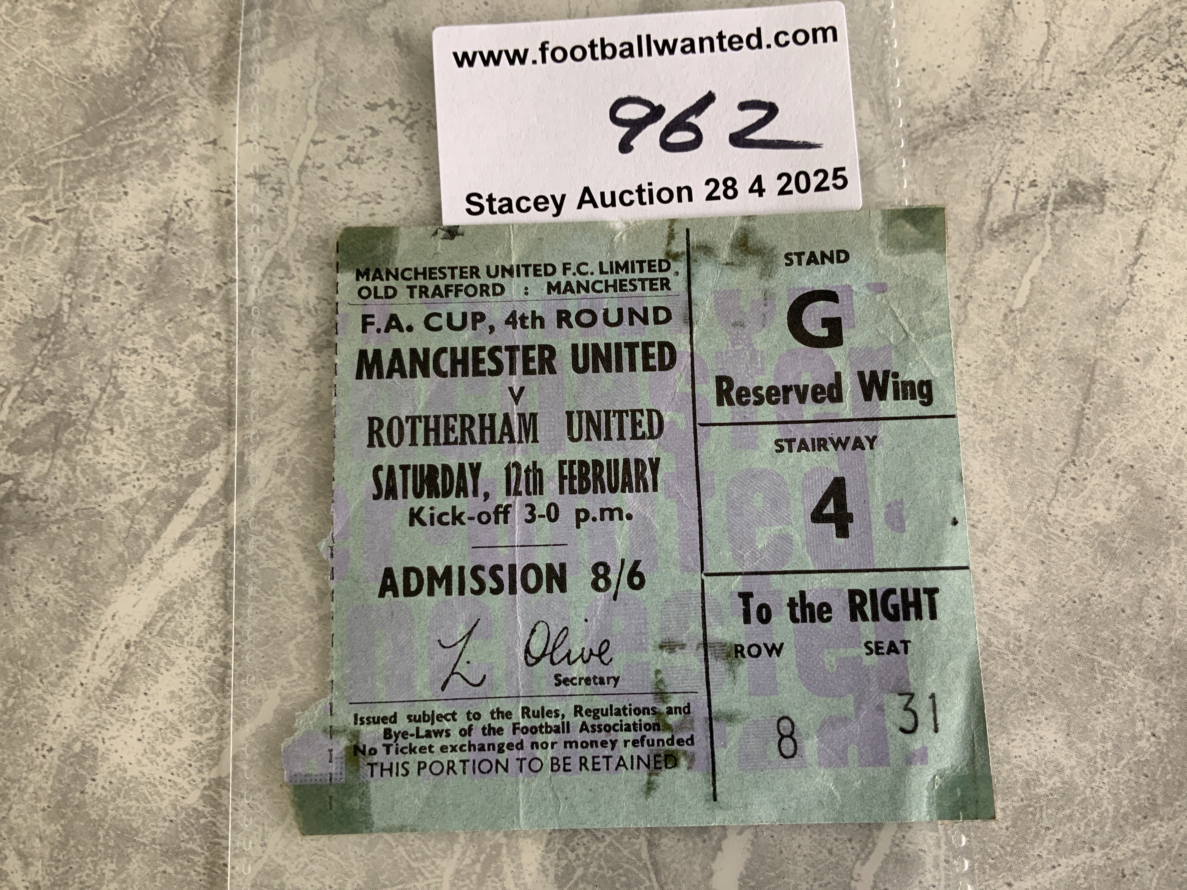 65/66 Manchester United v Rotherham FA Cup Football Ticket: Played on 12 2 1966 in below average condition.