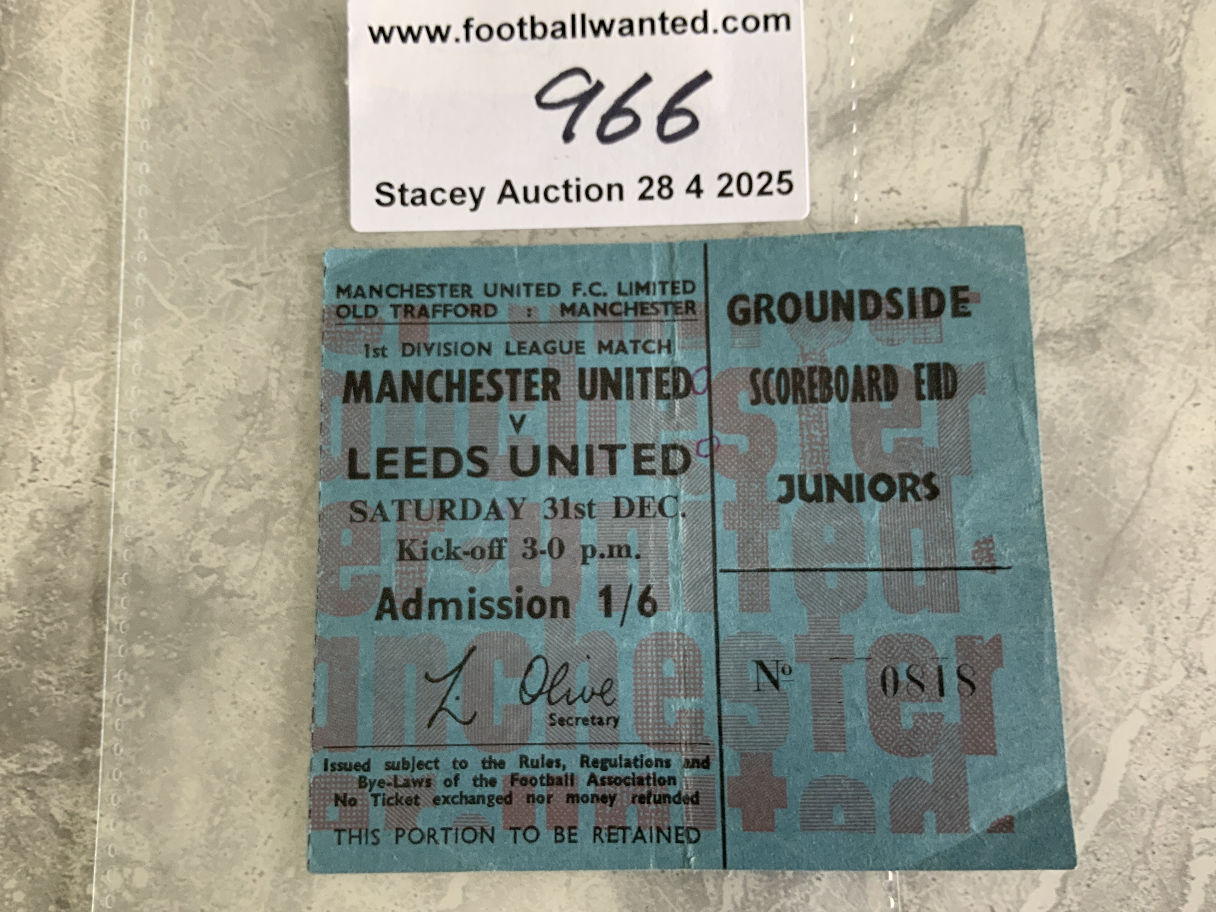 66/67 Manchester United v Leeds Utd Football Ticket: League match dated 31 12 1966 in good condition. Fold and score lightly written. Man Utd were champions this season.