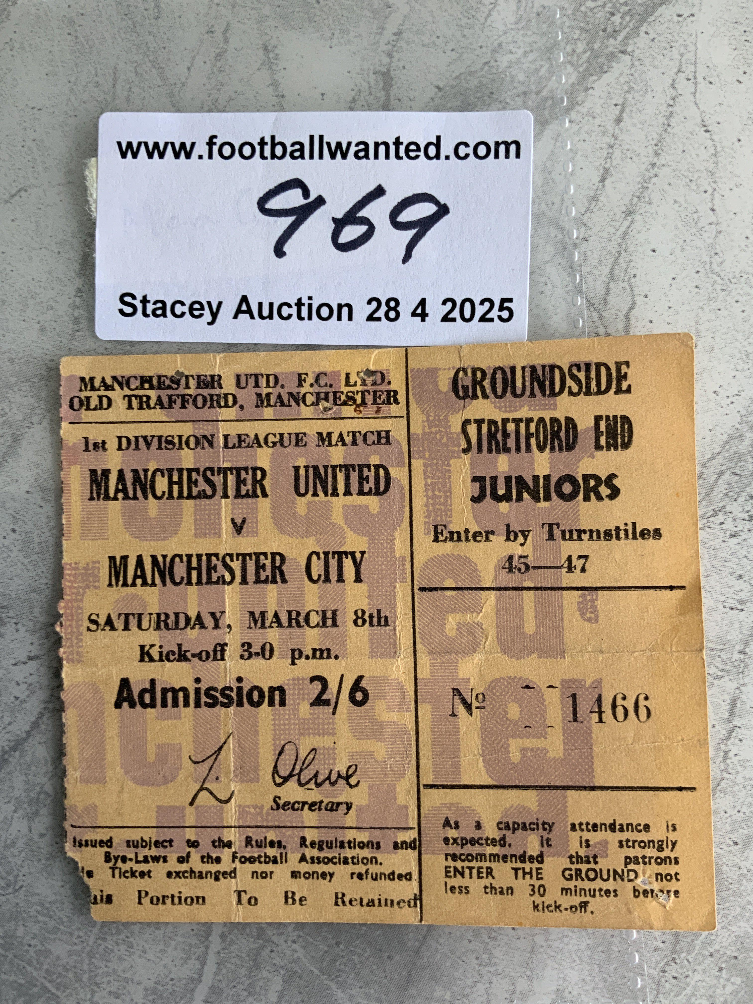 68/69 Manchester United v Manchester City Football Ticket: League match dated 8 3 1969 in fair condition. Tiny piece out of corner and pin holes.
