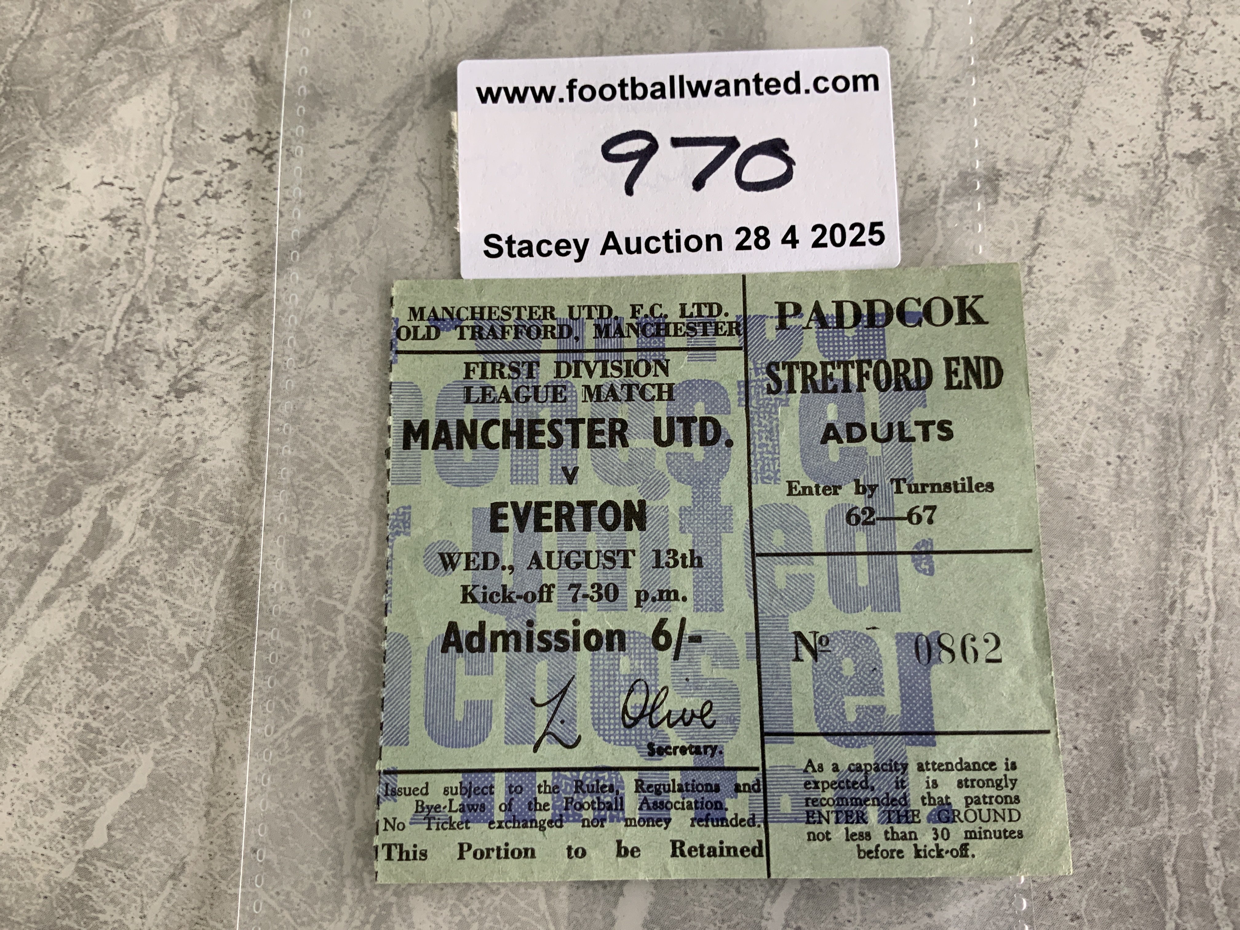 69/70 Manchester United v Everton Football Ticket: League match dated 13 8 1970 in excellent condition. Everton were champions this season.