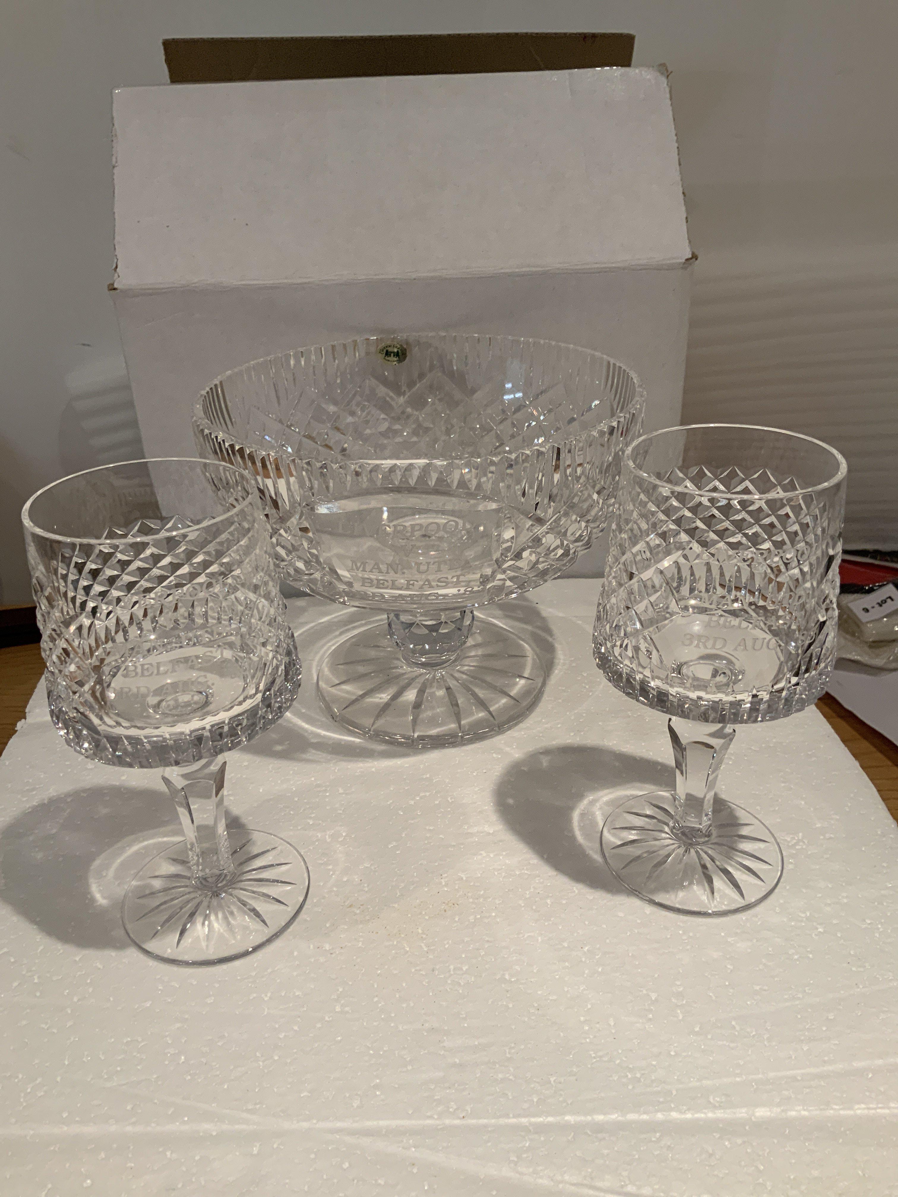 1983 Manchester United v Liverpool Testimonial Football Gift: Billy Drennan memorial match played on 3 8 1983 in Belfast between Liverpool and Manchester United. Crystal bowl and two glasses all engraved with match details and given to Manchester United.