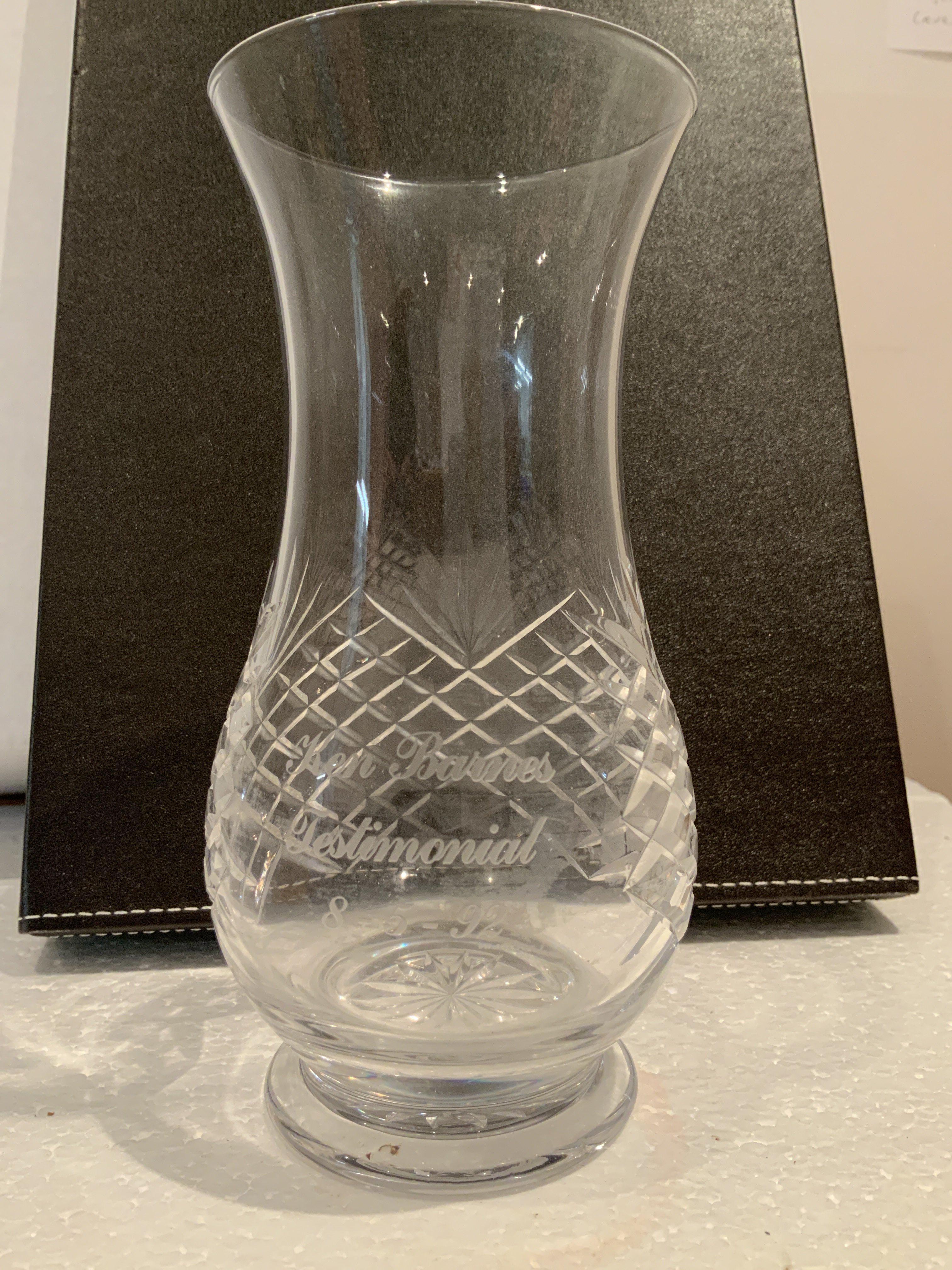 1992 Manchester City v Manchester United Crystal Vase Gift: Engraved Ken Barnes Testimonial 8 5 1992 and gifted to a Manchester United player who played at Maine Road in this match.