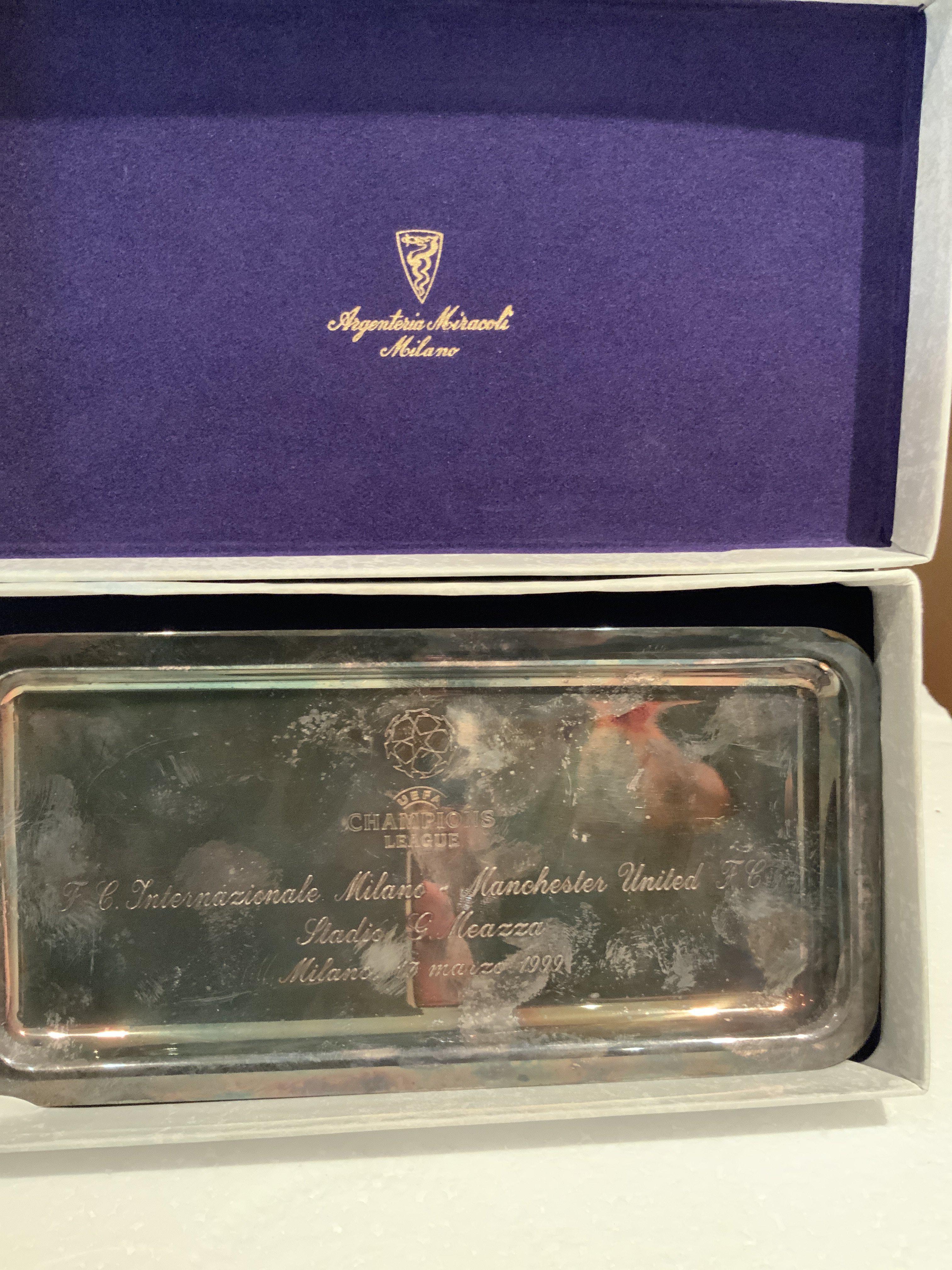 1999 Manchester United Champions League Silver Tray: Inter Milan v Manchester United small tray with silver hallmark. Boxed 8 inch tray is tarnished and is dated 17 3 1999 and has the fixture engraved. Manchester United went on to win the Champions League. Gifted to Manchester United player.