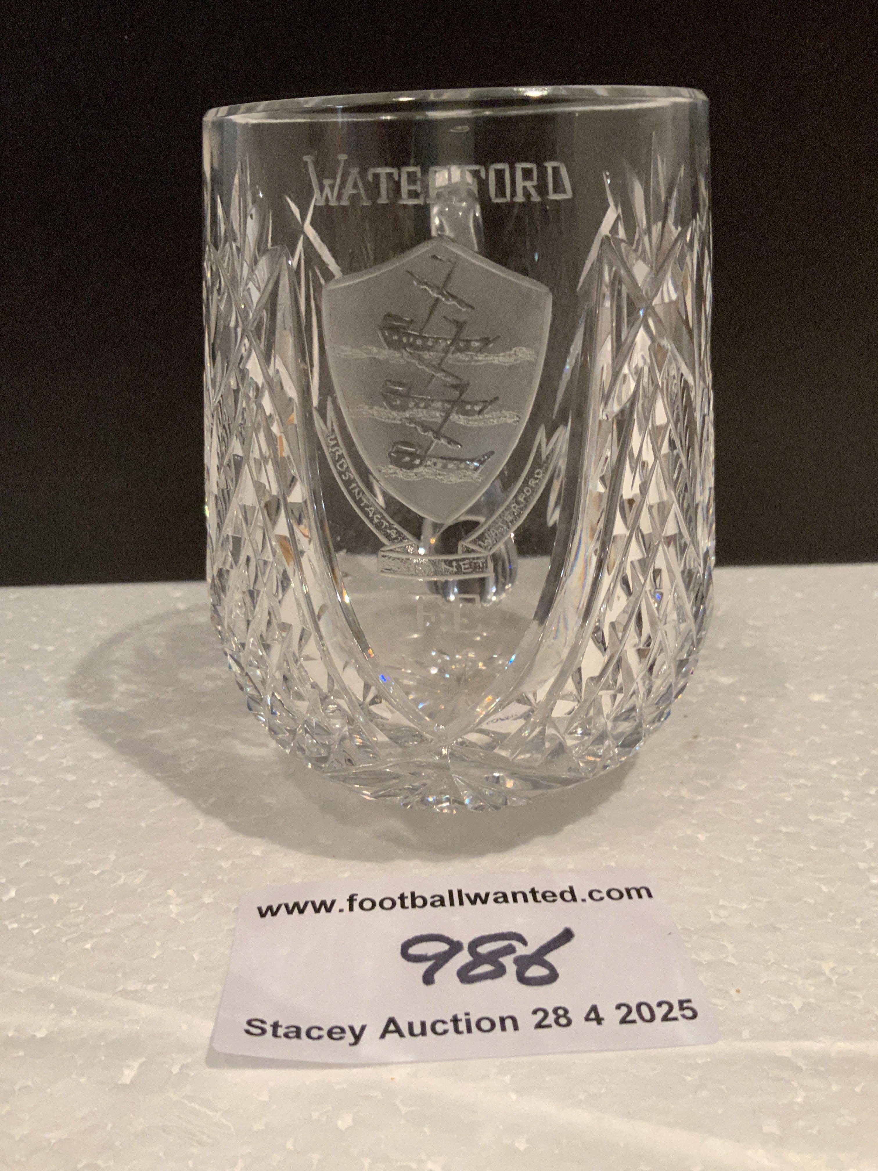 1968 Waterford v Manchester United European Cup Players Gift: Glass tankard just has the Waterford football club badge and was given to a Manchester United player. Not surprisingly made of Waterford Crystal.