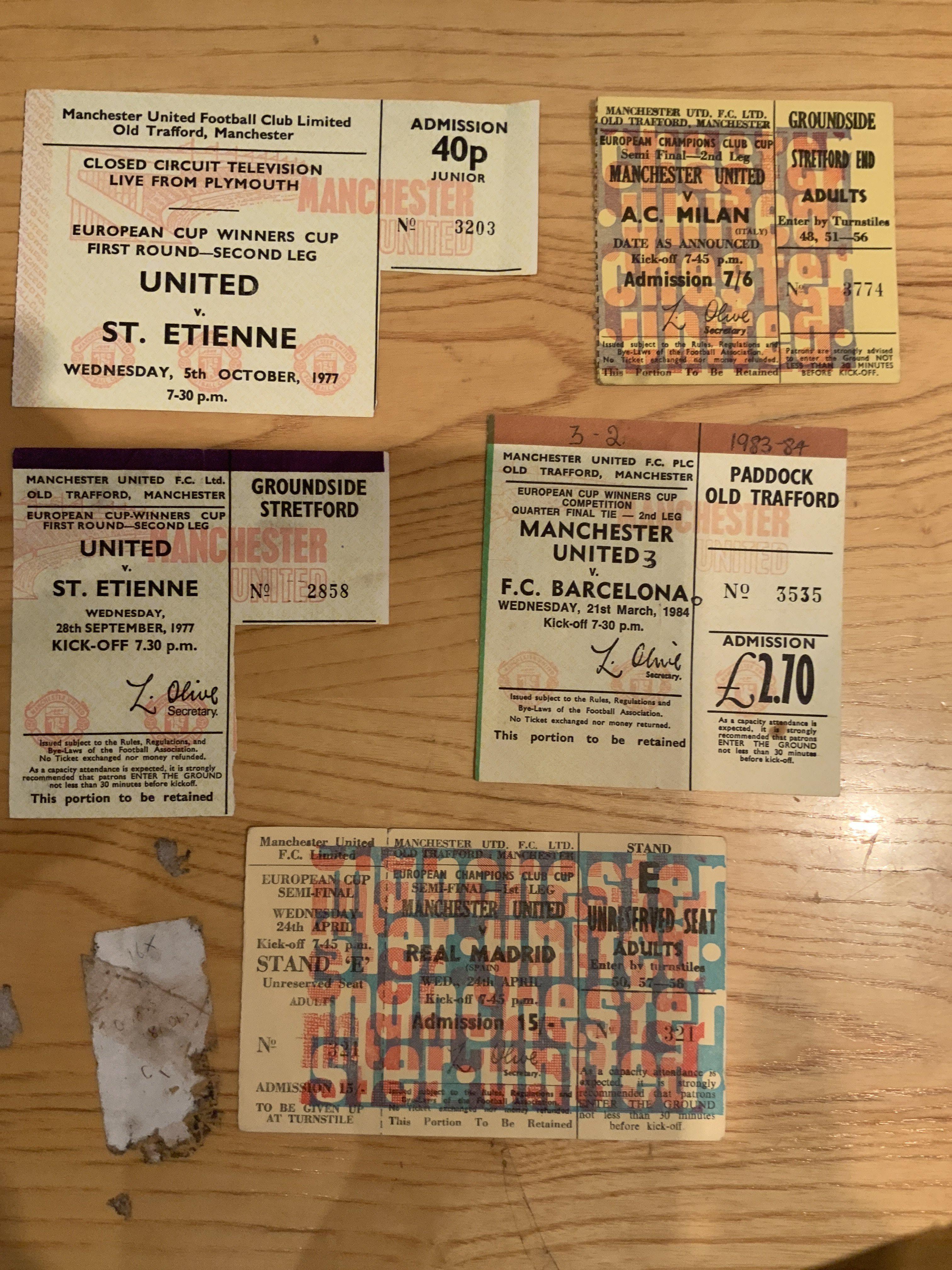 Manchester United European Home Football Tickets: Late 60s semi finals v Real Madrid and AC Milan plus 83/84 Barcelona, 77/78 St Etienne beam back 6 10 77 and Old Trafford 28 9 77. (5)