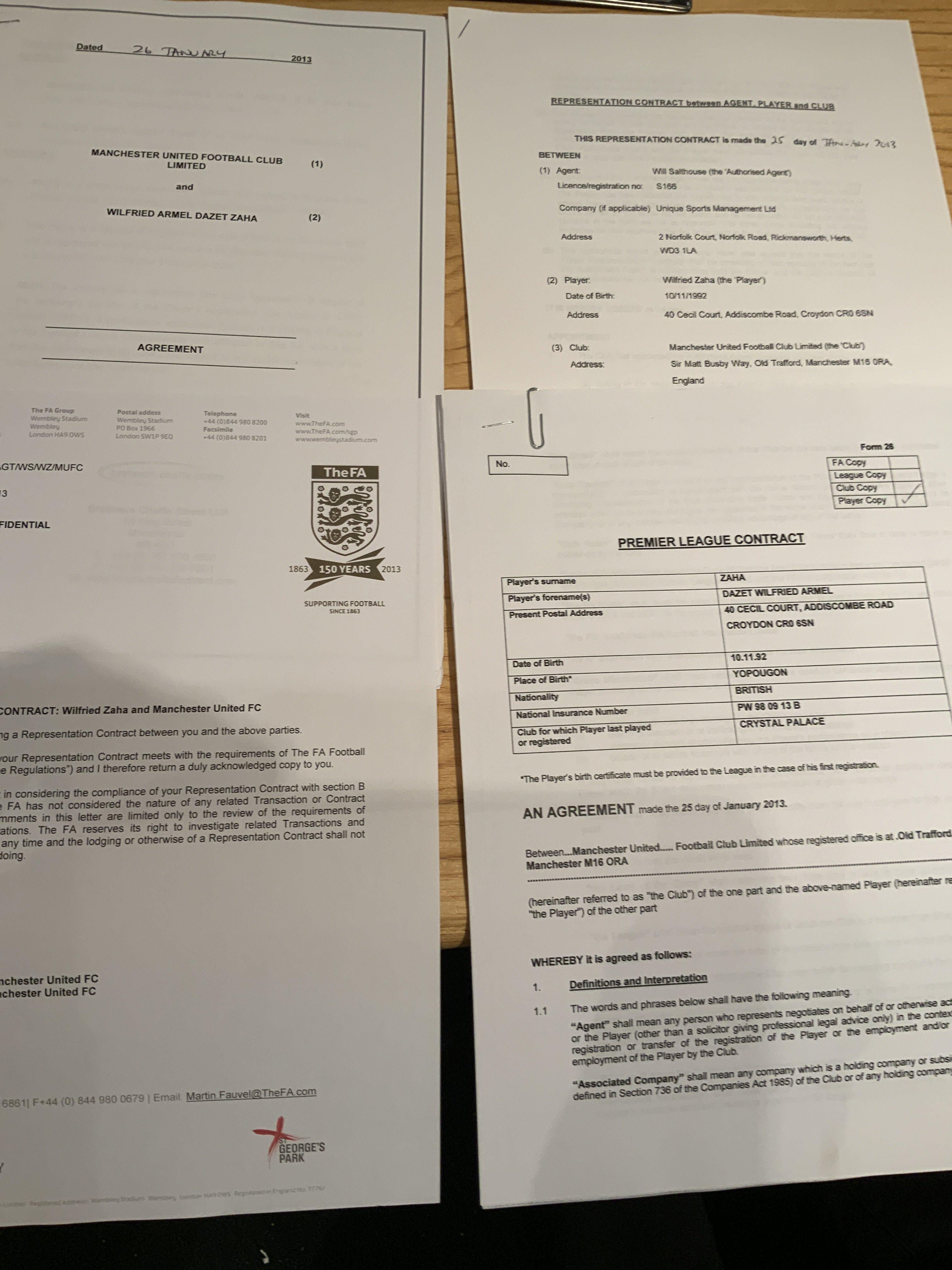Wilf Zaha Manchester United Football Contracts: Produced in January 2013 following his move from Crystal Palace. Includes bonus scheme information and numerous autographs of him. (4)