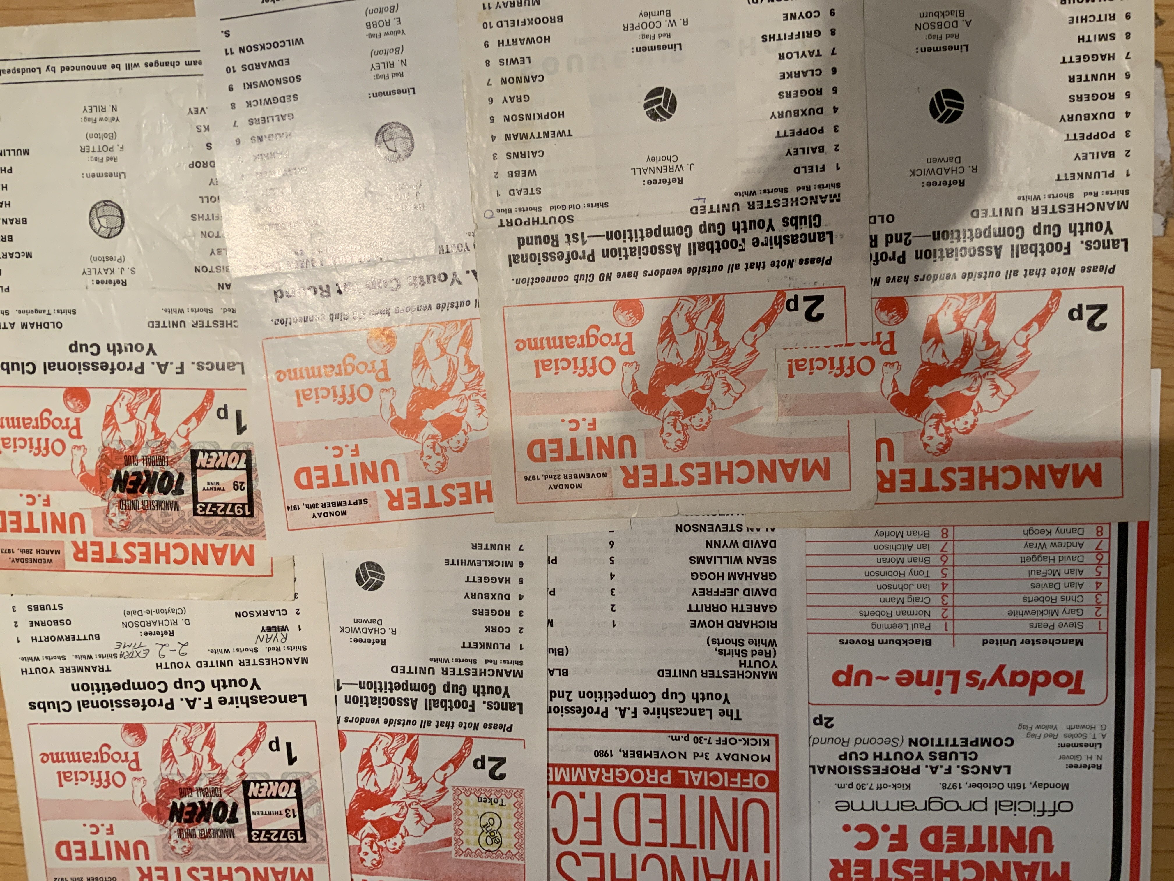 Manchester United Lancs Youth Cup Football Programmes: All homes from 72/73 to 80/81 with one having token missing. (8)