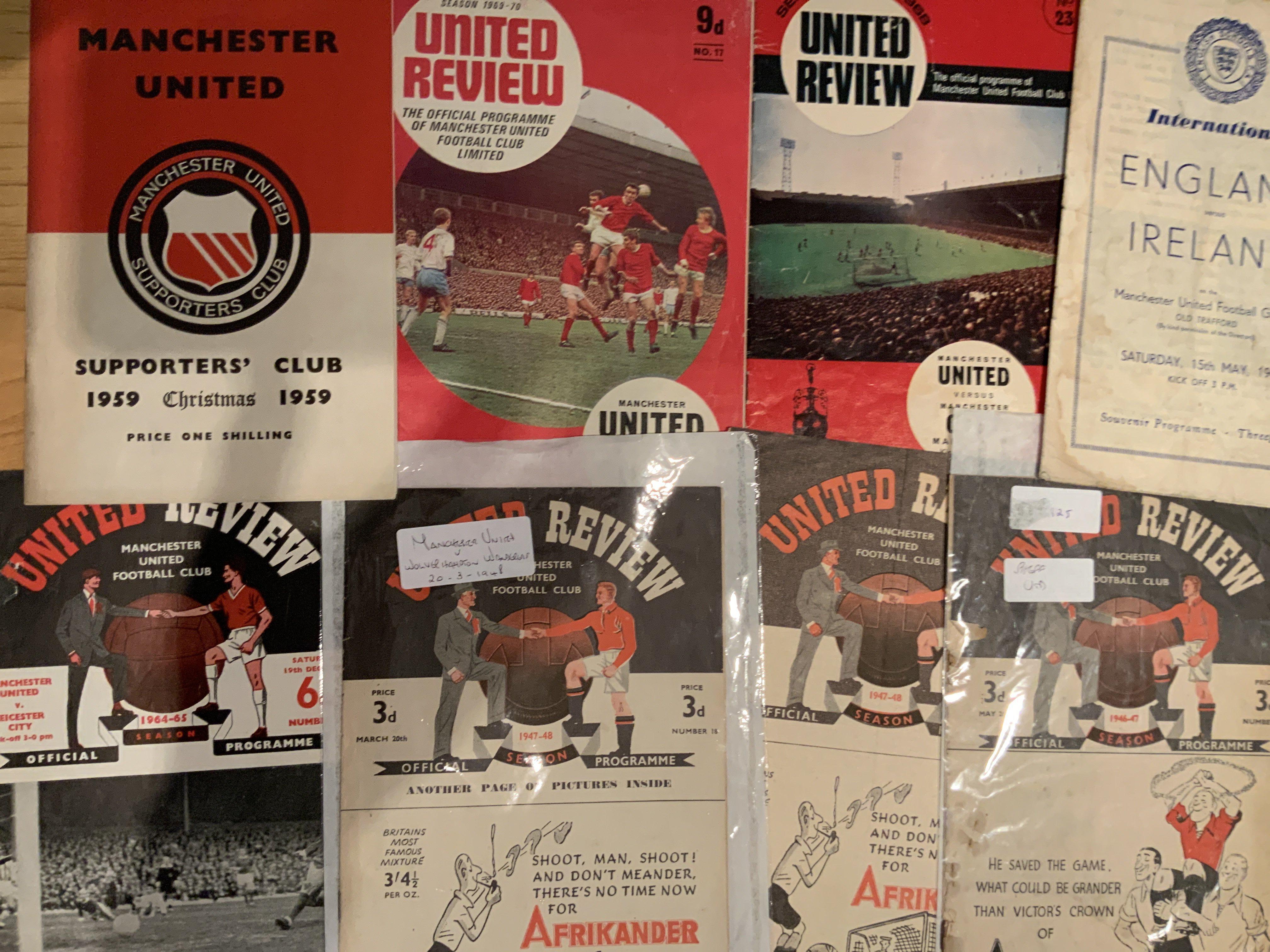 Manchester United Home Football Programmes: 46/47 Sheffield United poor, 47/48 Wolves Sunderland and England v Ireland Schools, 64/65 Leicester postponed, 59/60 handbook. Overall fair.