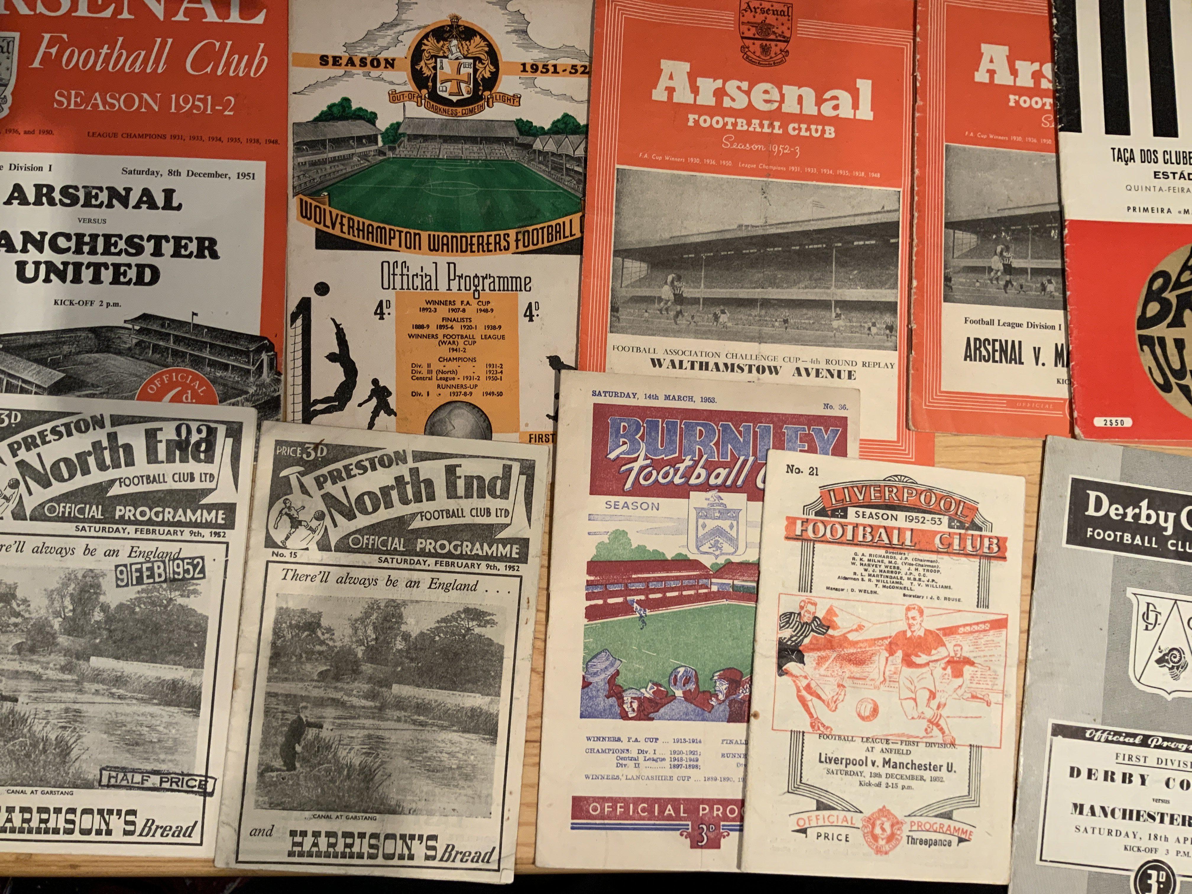 Manchester United Away Football Programmes: 51/52 Preston x 2, Arsenal, Wolves, 52/53 Walthamstow at Arsenal, Burnley, Liverpool, Derby, Aston Villa, Man City, 55/56 x 12. Mainly good from the 50s and 60s. (37)