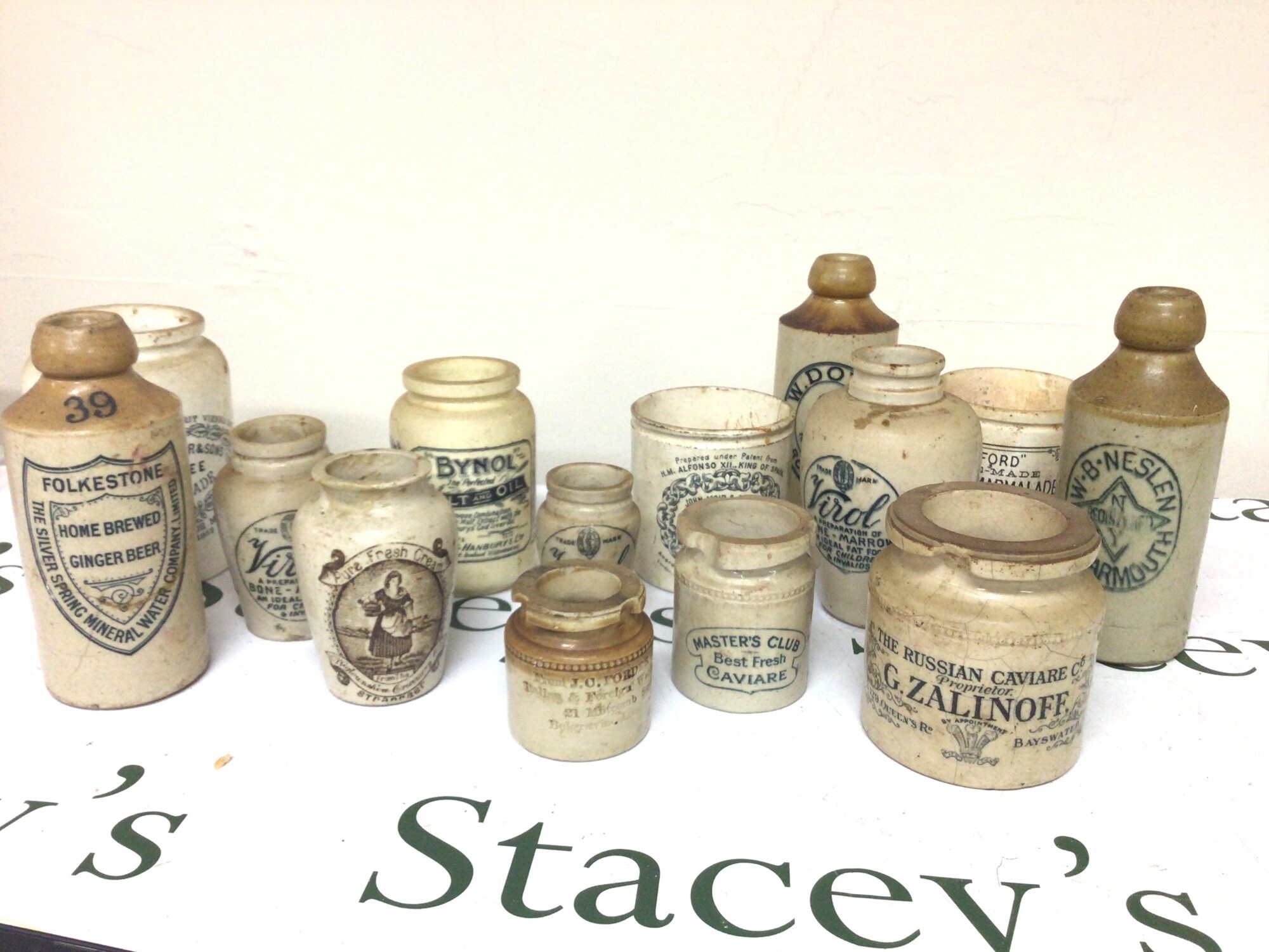 A Collection of Victorian and later stoneware jars and bottles including Russian Caviare MastersClub Caviare Marmalade jars and many others.No Reserve.