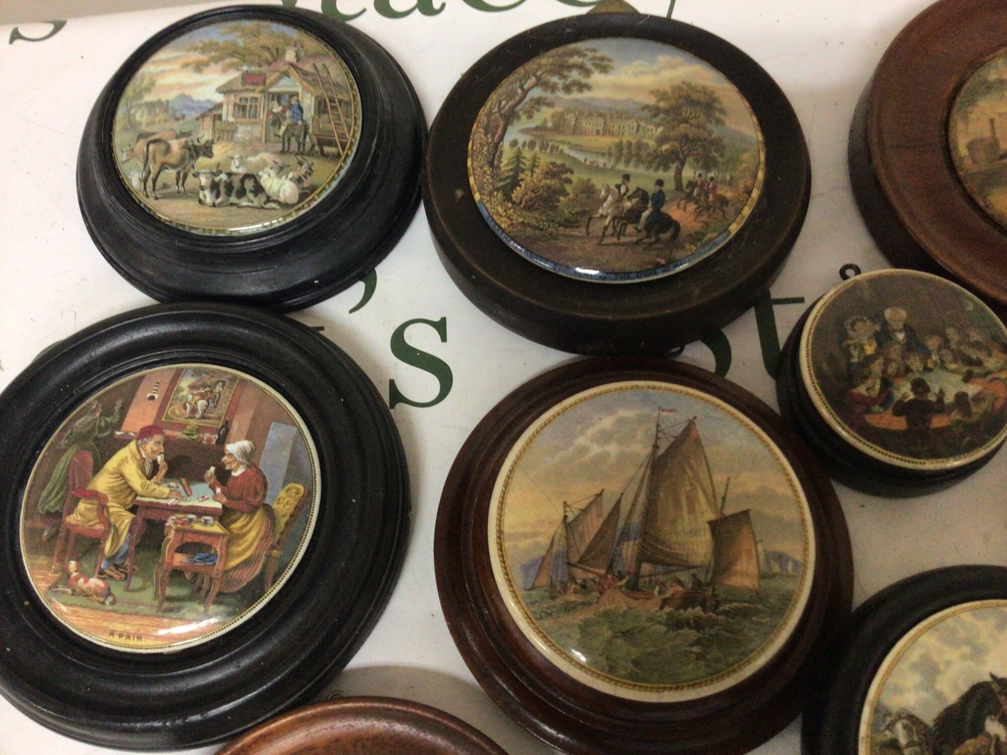 A collection of ten Victorian pot lids including Strathfield baye The Seat of The Duke of Wellington horse racing scene I see you my boy a pair and many other (10) NO RESERVE.