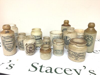 A Collection of Victorian and later stoneware jars and bottles including Russian Caviare MastersClub Caviare Marmalade jars and many others.No Reserve.