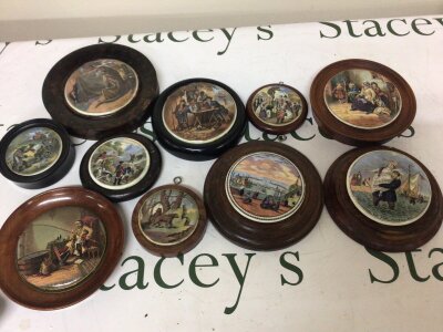 A collection of Victorian pot lids including Landing the Fare Pegwell Bay Royal Harbour Ramsgate The Batgle of the Nile pot lids depicting bears and others. (10) NO RESERVE.