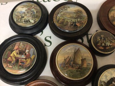 A collection of ten Victorian pot lids including Strathfield baye The Seat of The Duke of Wellington horse racing scene I see you my boy a pair and many other (10) NO RESERVE.