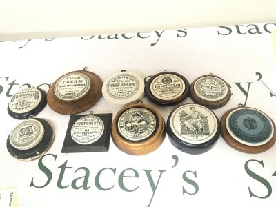 A Collection of Victorian ceramic pot lids including James Atkins Bears Grease Old Bond Street London other Tooth paste and cold crams also Holloways Ointment. and others