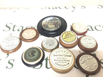 A collection of Victorian ceramic pot lids Shaving cream Pomade Tooth paste and others and one other pot lid View of Queen Victoria at Wimbledon July 1860.