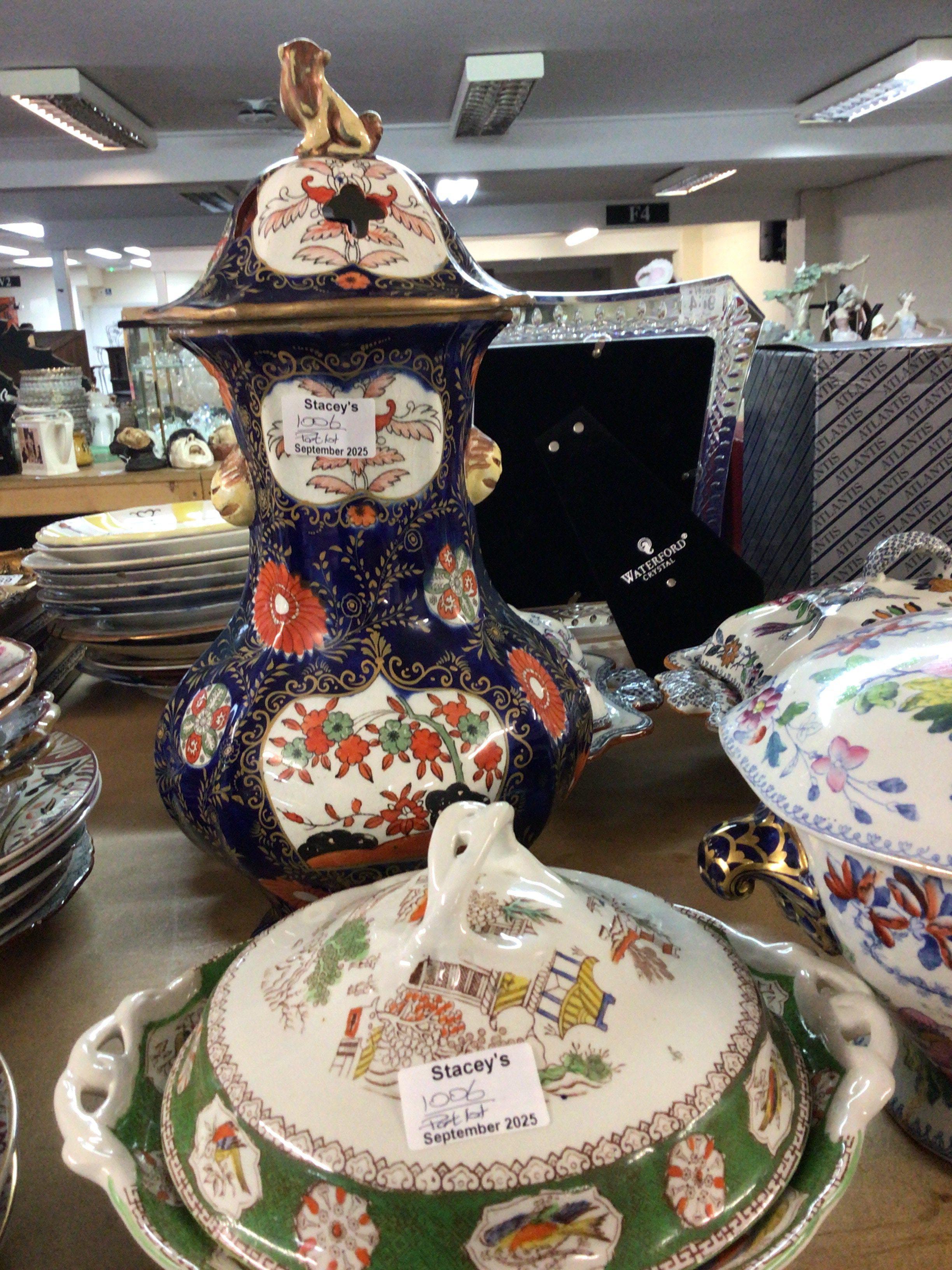 A Collection of Victorian and later Ironstone china including a large vase and cover with sudo Chinese marks large tureens. Comports and other dishes. No Reserve.