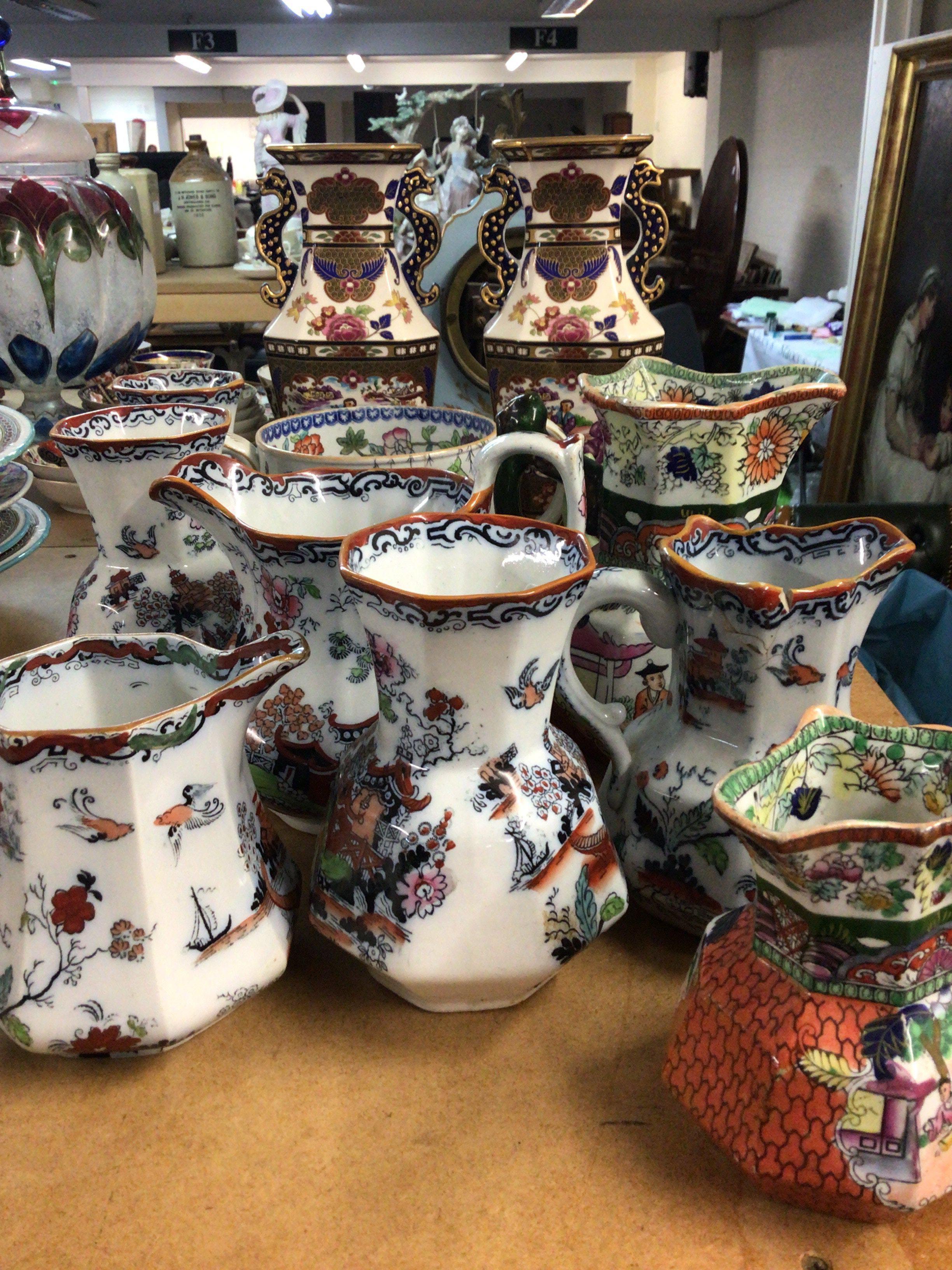 A pair of Chinese style limited edition 20th century Mandarin Vases and a quantity of Masons and other Victorian Ironstone china vases and jugs. No Reserve.