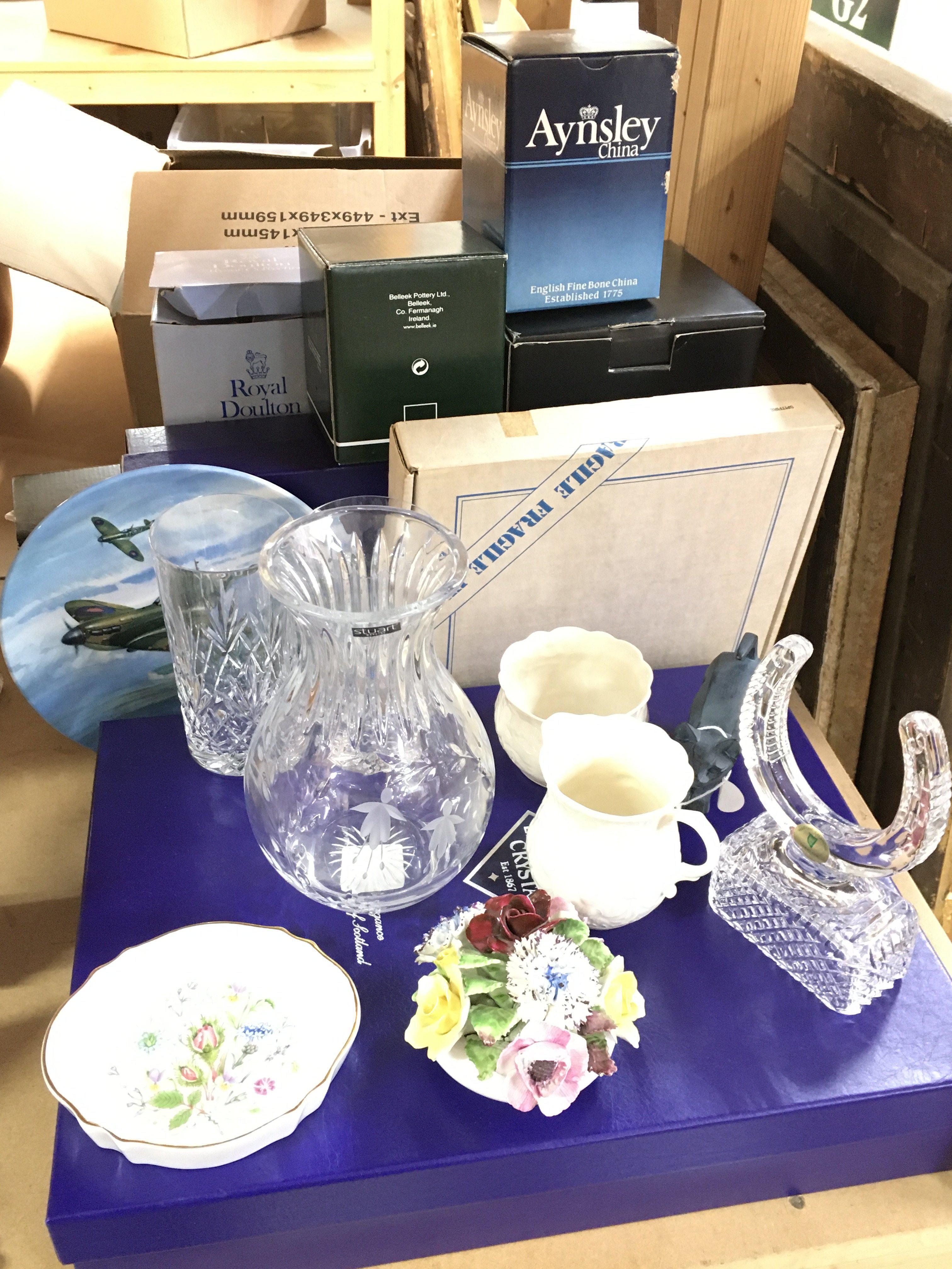 A collection of boxed ceramics including Ansley dish, Royal Doulton, Belfast crystal, Edinburgh crystal etc