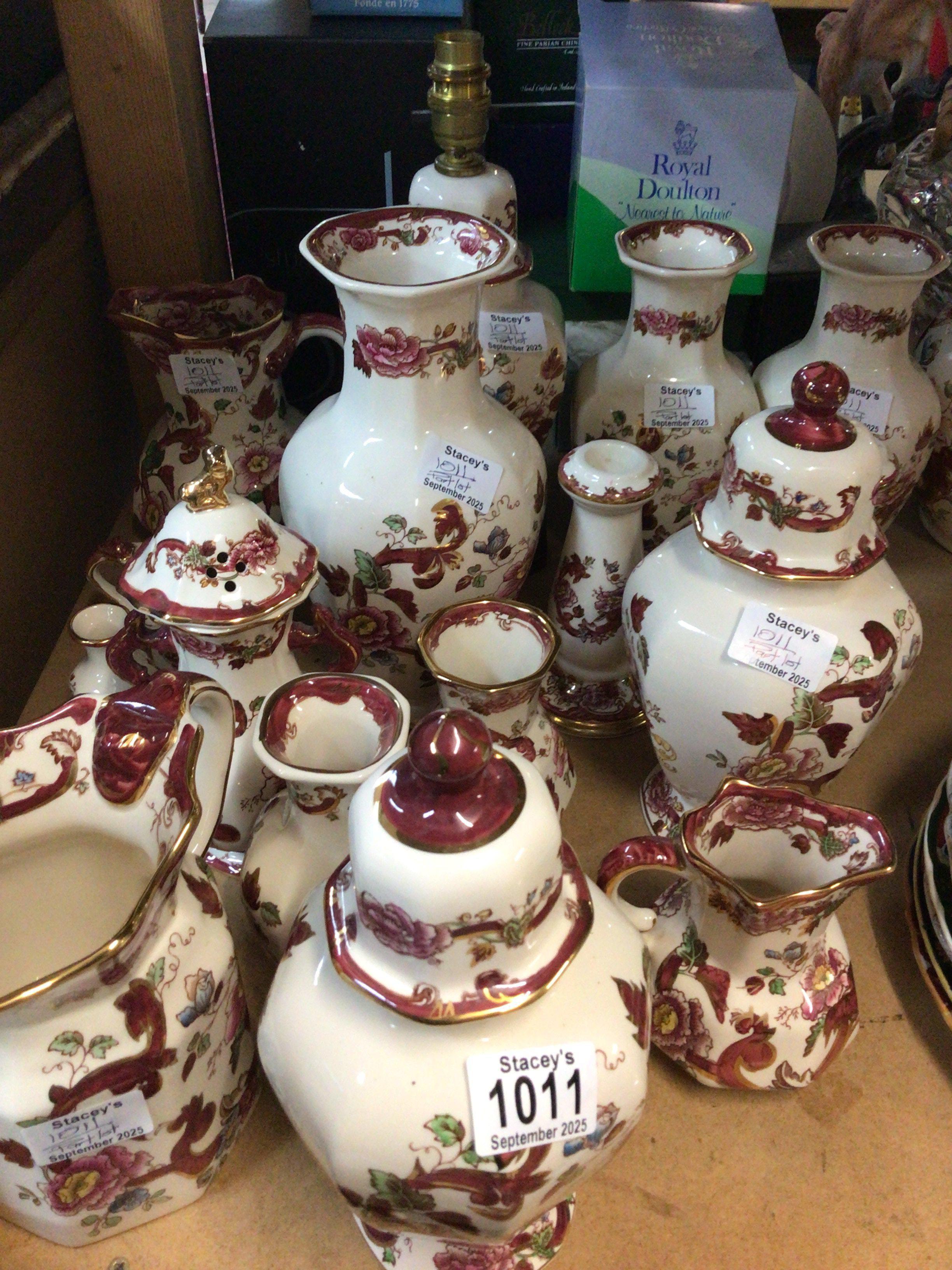 A collection of 20th century Masons Mandalay Red ironstone china jugs vases and a lamp. No Reserve.