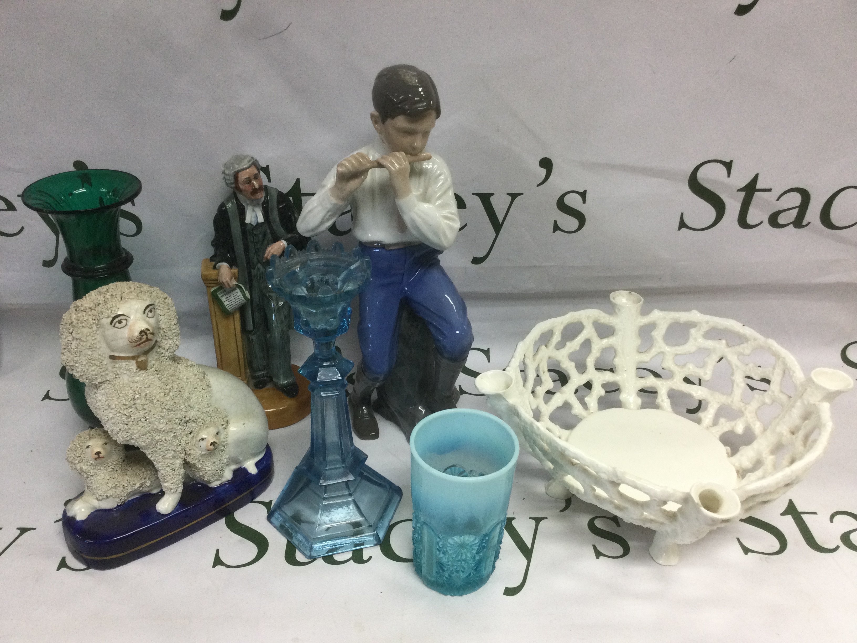 A collection of Victorian and later glassware and ceramics including a Copenhagen figure of a boy playing a flute, a Royal Doulton 'The Lawyer' figure and others. Shipping category D.