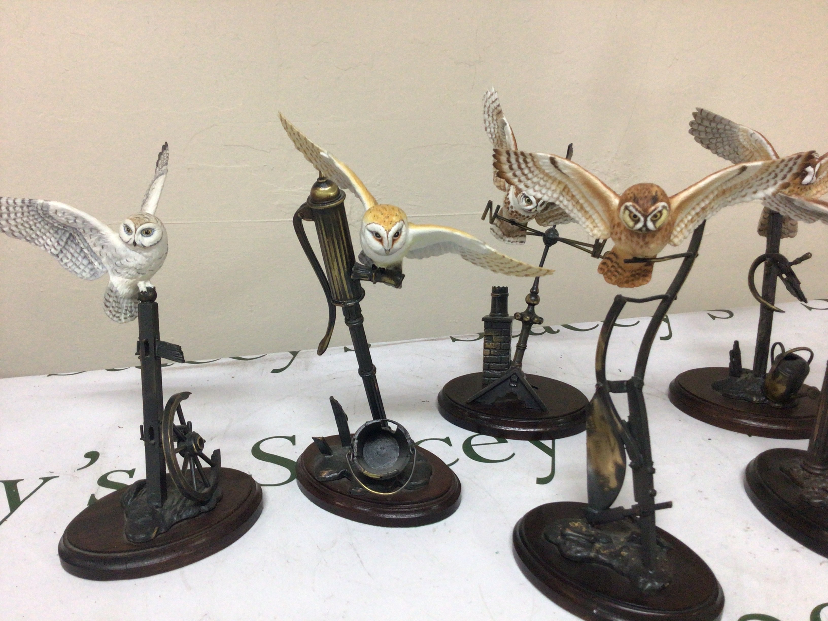 A Collection of Modern metal and ceramic Owl ornaments with makers sculpture stamp David Fryer. (6)