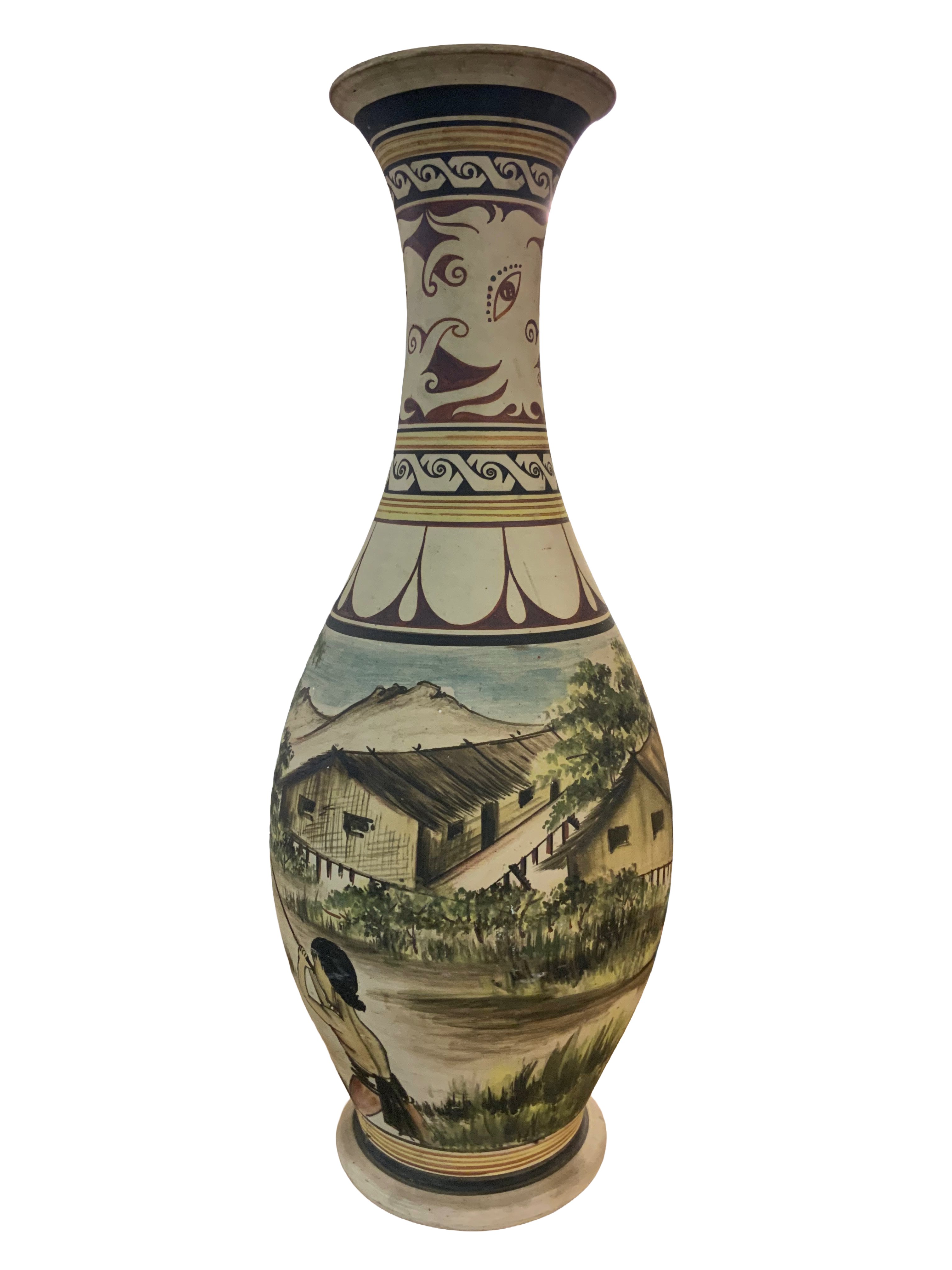 A large Malaysian pottery hand painted vase rim the Miri Sarawak area. Tribal hunting scene decoration. 61cm.248336