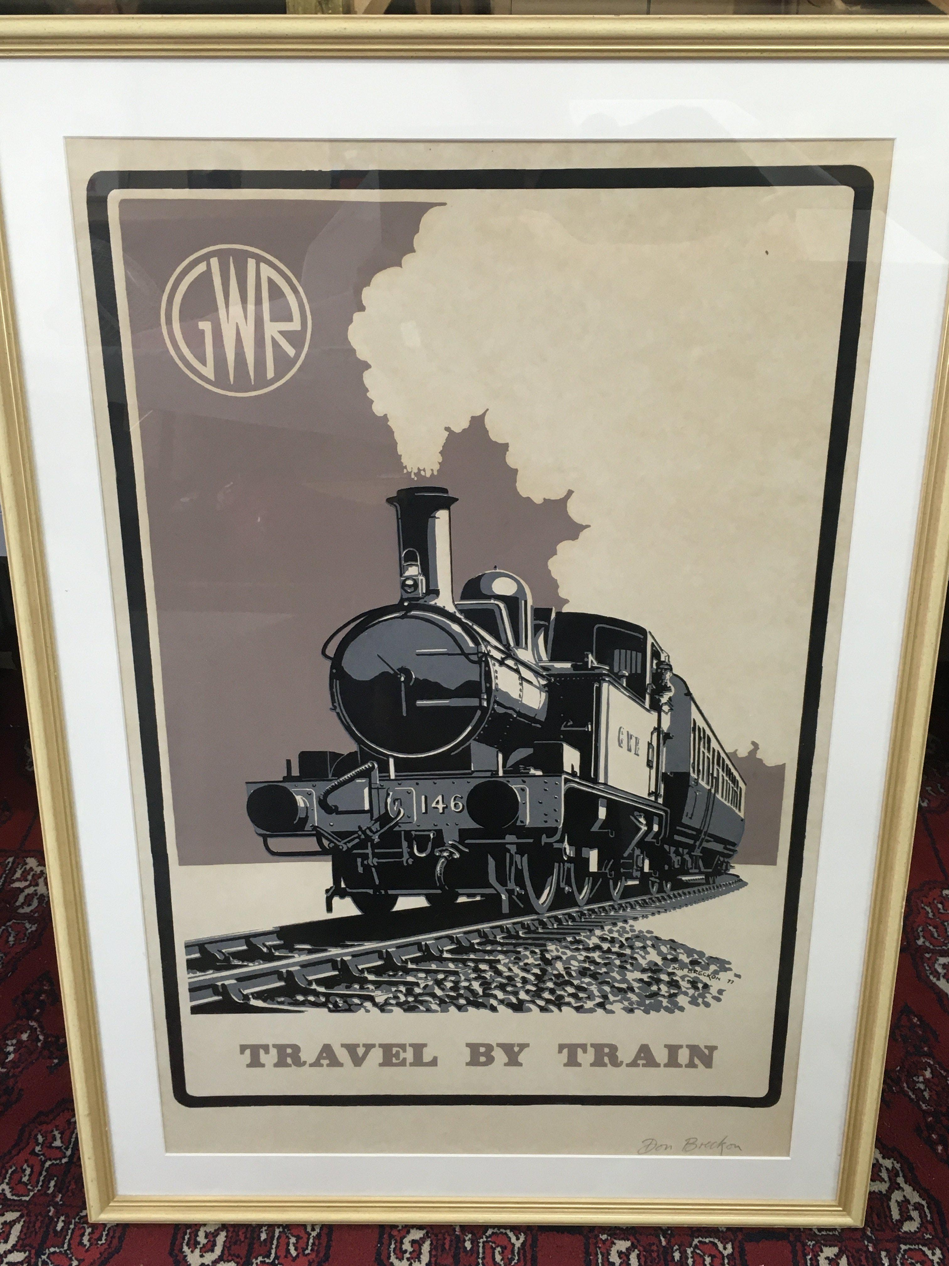A framed vintage GWR Station room poster signed Don Breckon, Travel by Train. Frame Dimensions 59x84cm