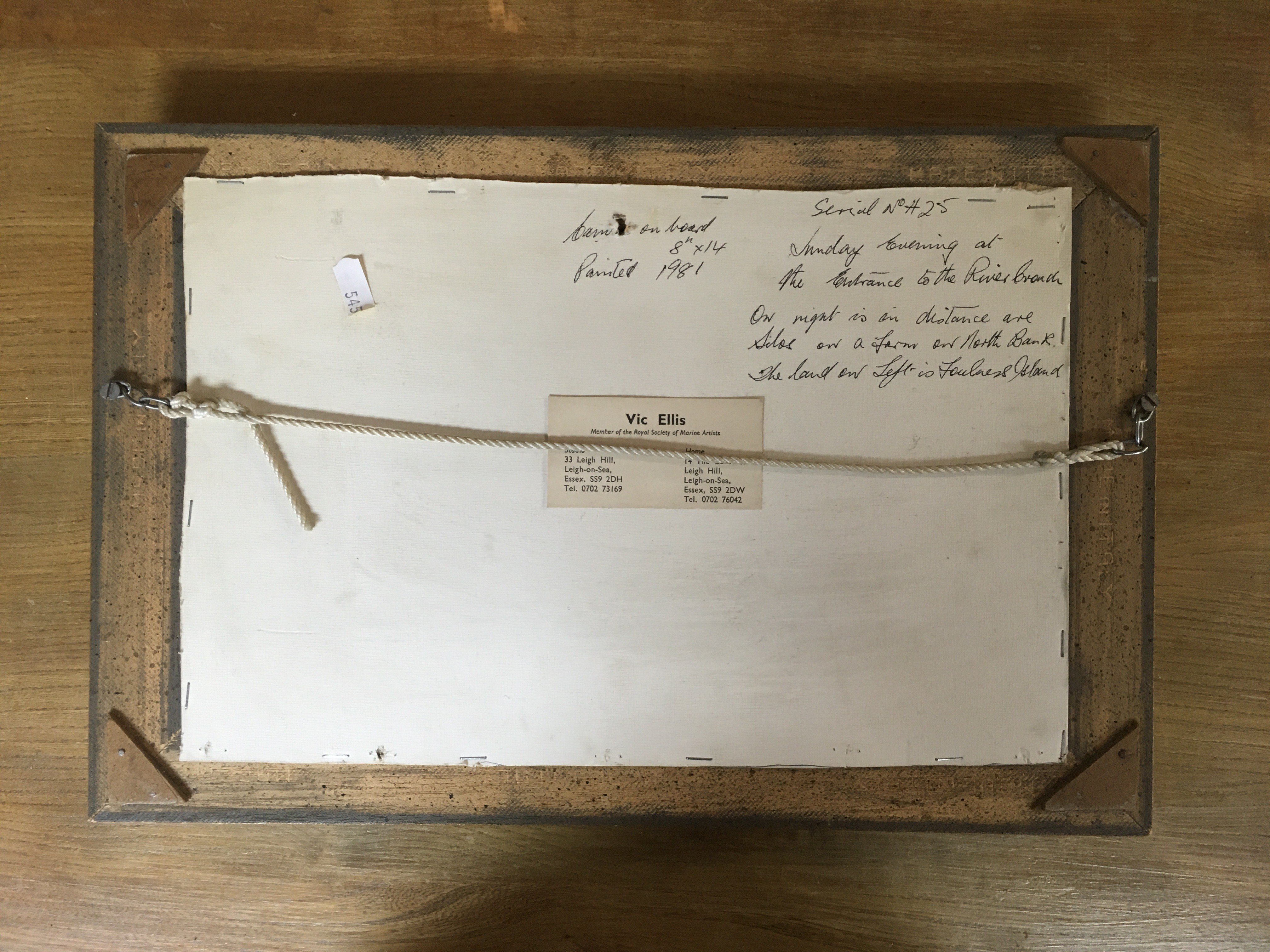 Vic Ellis, serial No. H25, oil on canvas titled. Sunday Evening at the Entrance to the River Branch. 44.5cm x 29.5cm.