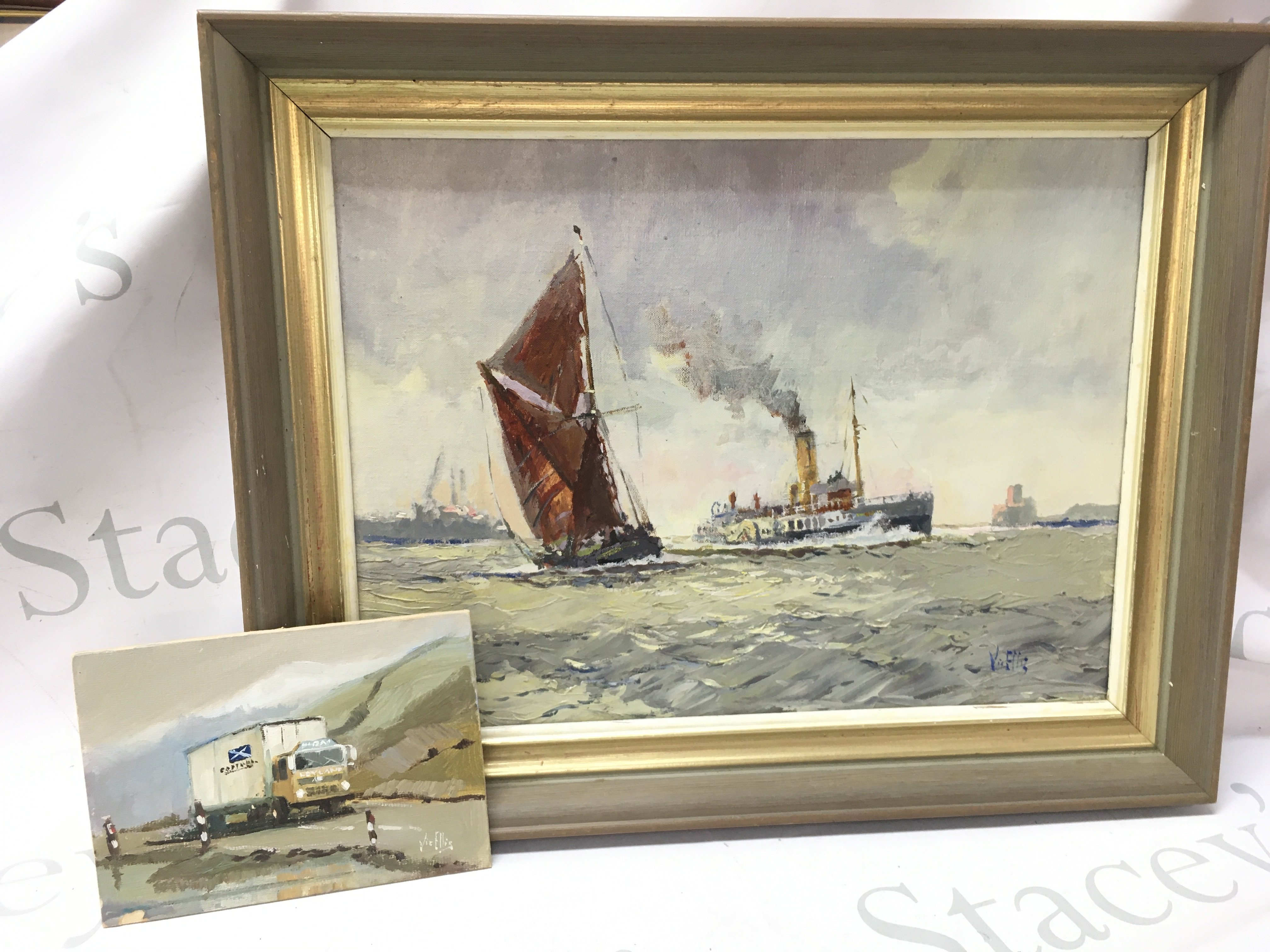 A framed Vic Ellis oil on canvas painting (frame dimensions 48x38cm approximately) and a small unframed Vic Ellis painting of a Leyland Scottish lorry (18x13cm). This lot cannot be posted