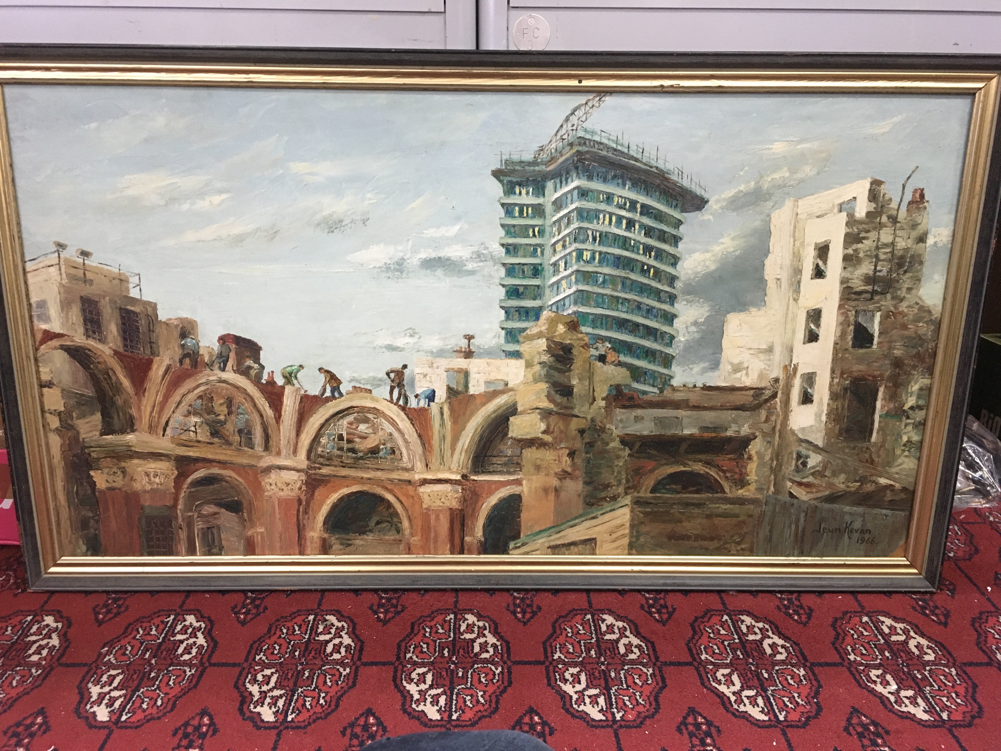 A Jean Kevan (1916-2006) framed oil on canvas painting of the Stock Exchange London Demolition 1966, As the old Stock Exchange is demolished, Richard Seifert's innovative Drapers Gardens building nears completion. This was, apparently, Seifert's own favourite work. Frame dimensions 106x60cm