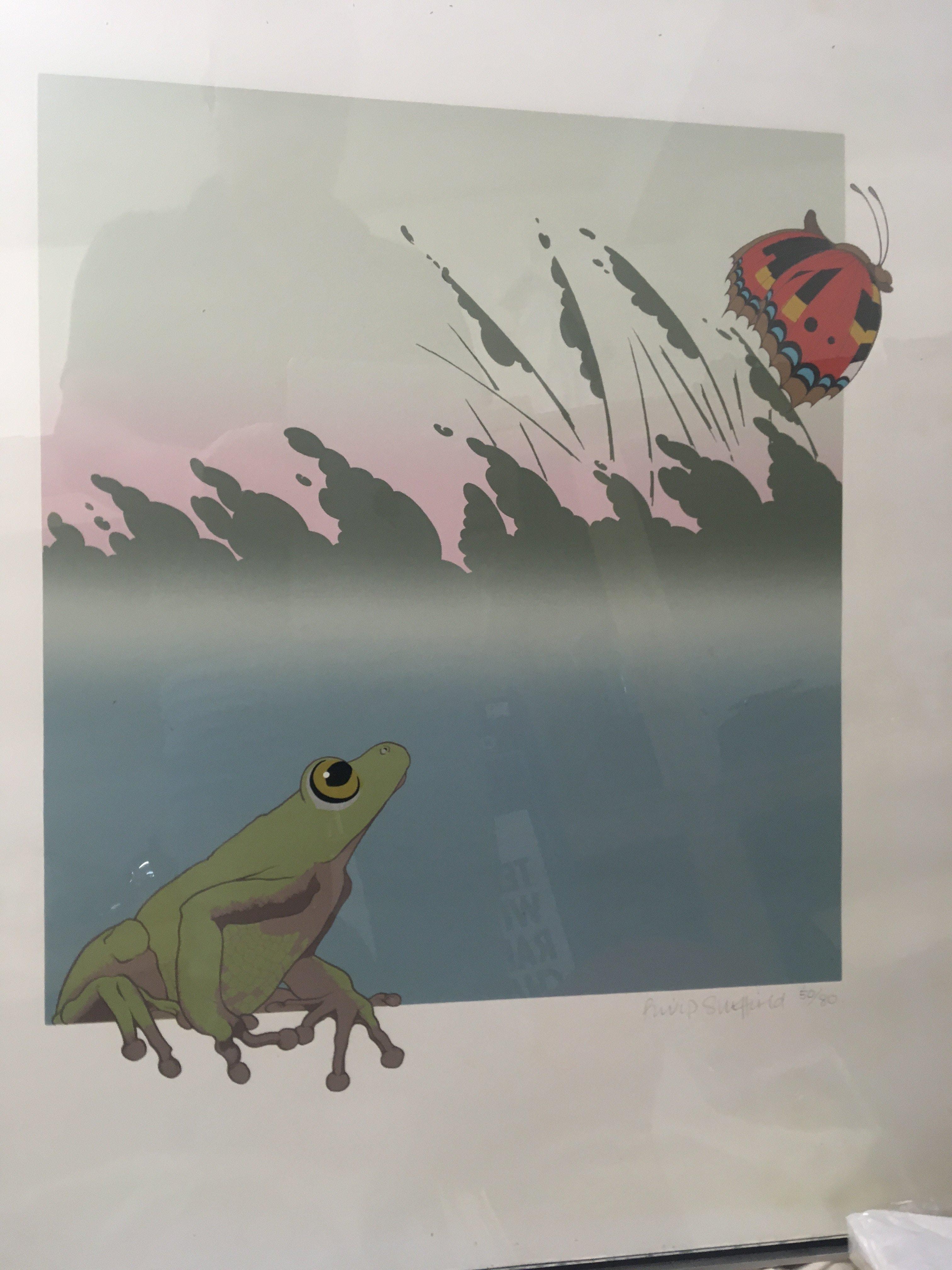 A limited edition Philip Sheffield print frog and butterfly.
