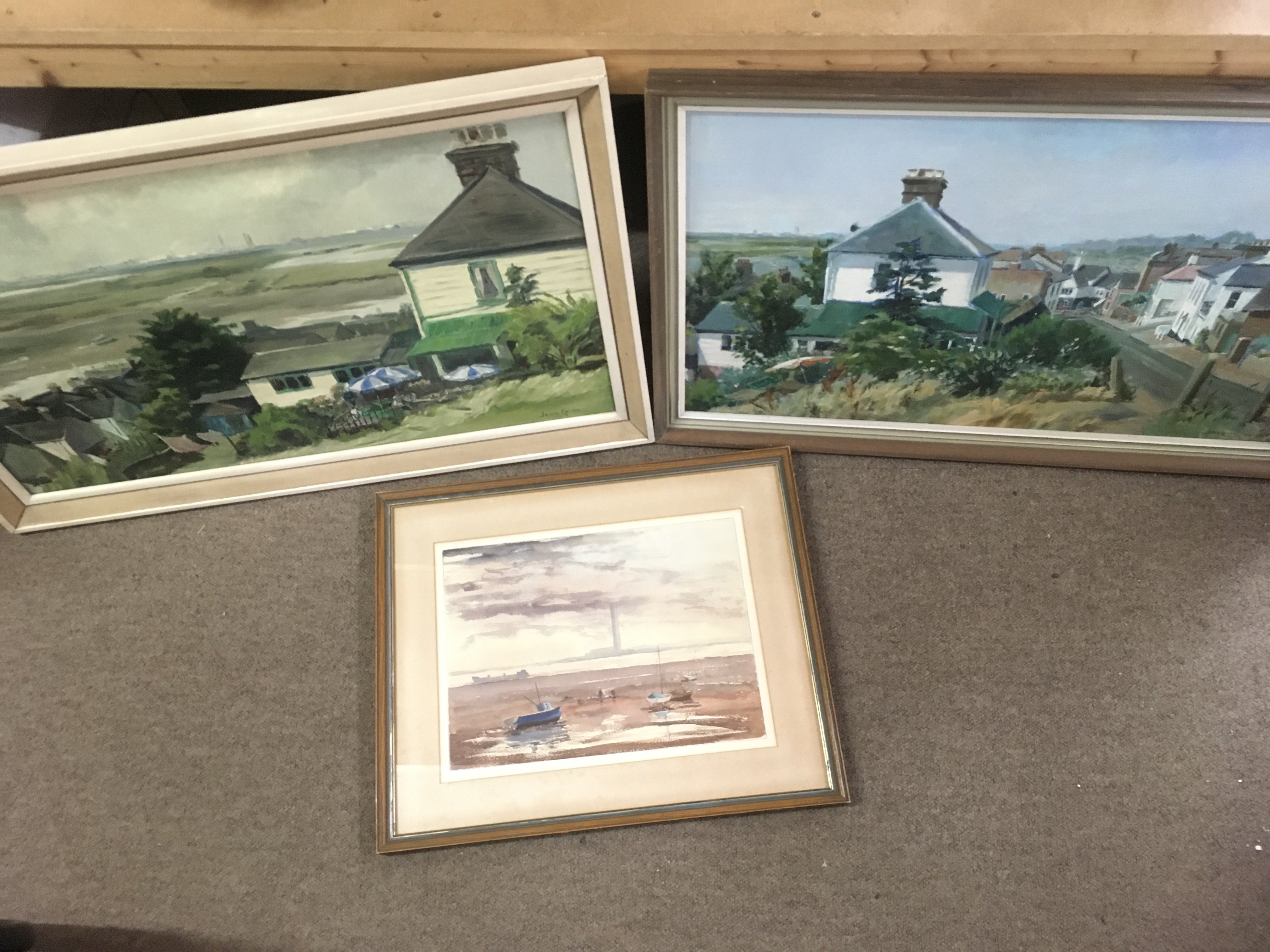 Framed oil on canvas paintings by Jean Kevan (1916-2006) of local Leigh on Sea views (frame sizes 84x53cm & 82x52cm) and a framed watercolour titled Evening in the Thames Estuary. (54x44cm)