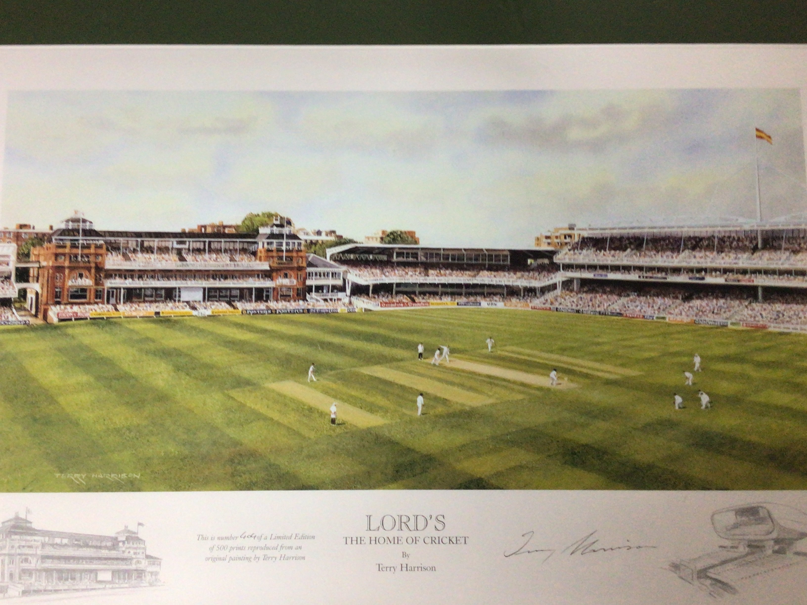 A collection of limited edition Railway prints signed in pencil framed cigarette cards Essex Cricket Captains A signed Print Lords Cricket ground by Terry Harrison 404/500 and other prints.