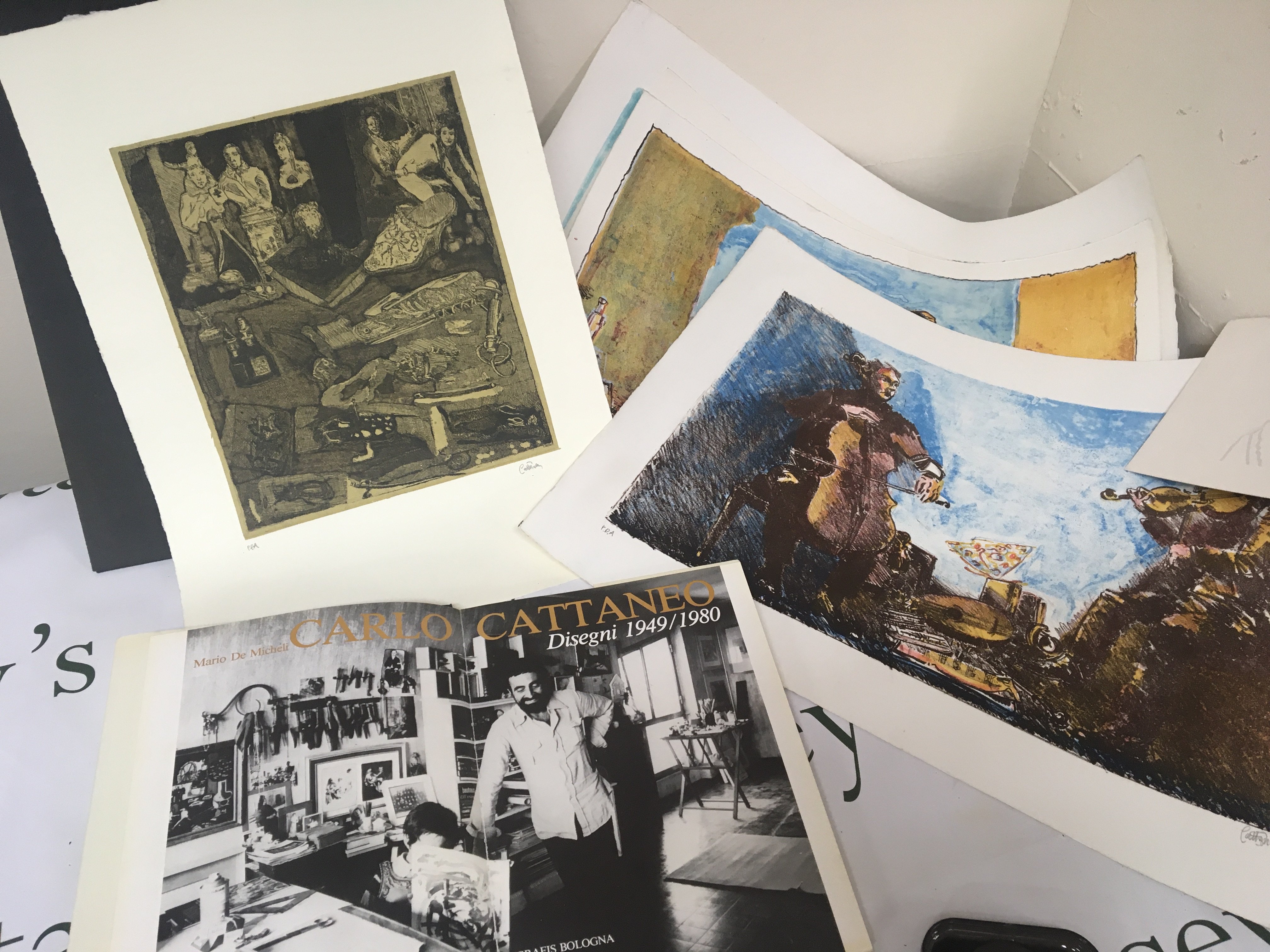 A collection of 20th century art work framed sketches signed coloured prints framed and unframed by Carlo Cattaneo Italian with an accompanying art book. I
